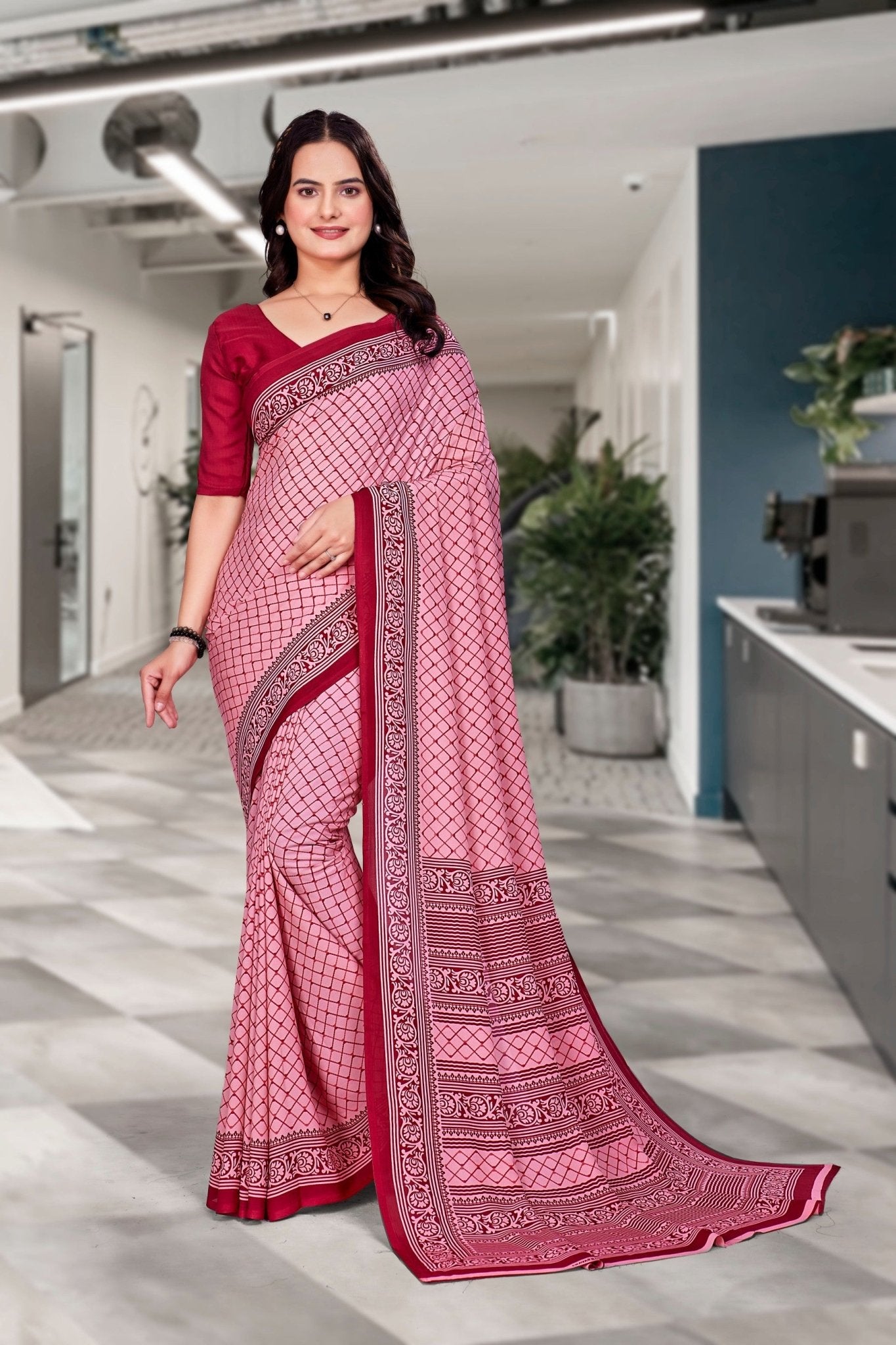Pink Georgette Workplace Uniform Saree - FeministaGeorgette