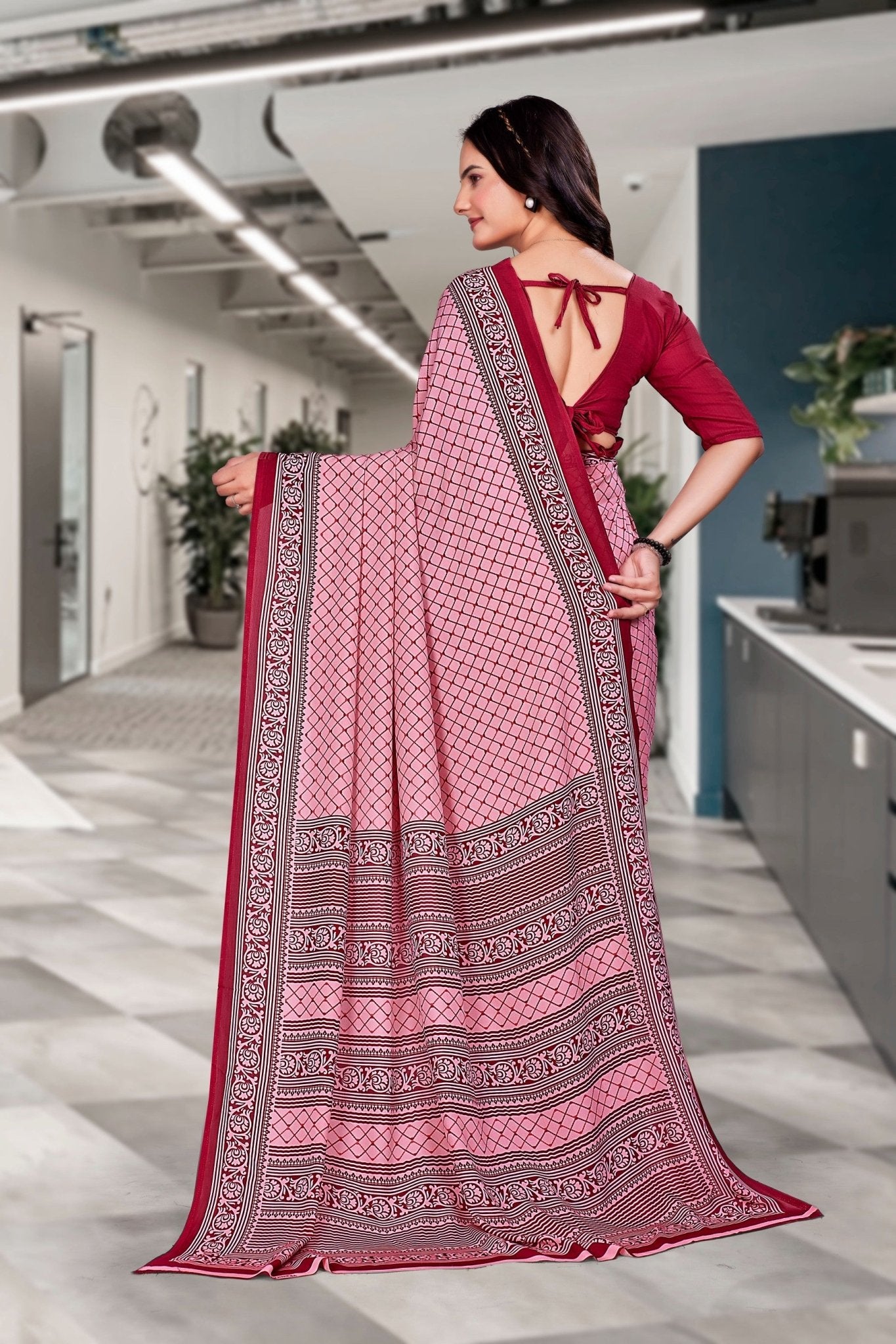 Pink Georgette Workplace Uniform Saree - FeministaGeorgette