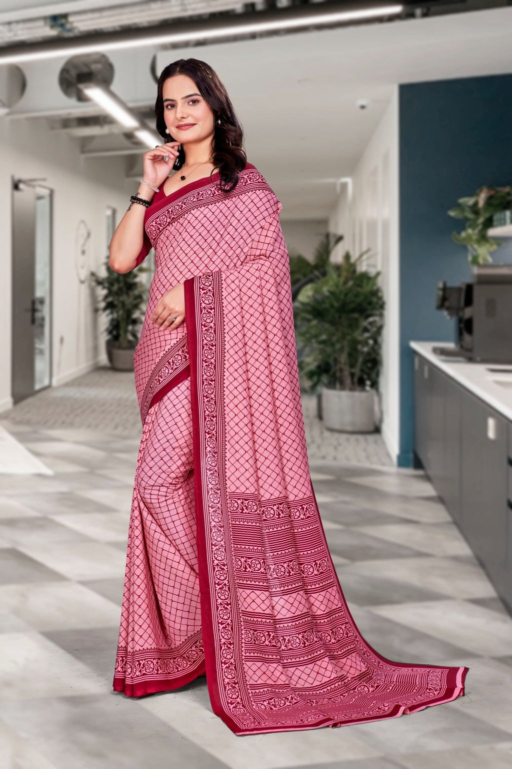Pink Georgette Workplace Uniform Saree - FeministaGeorgette