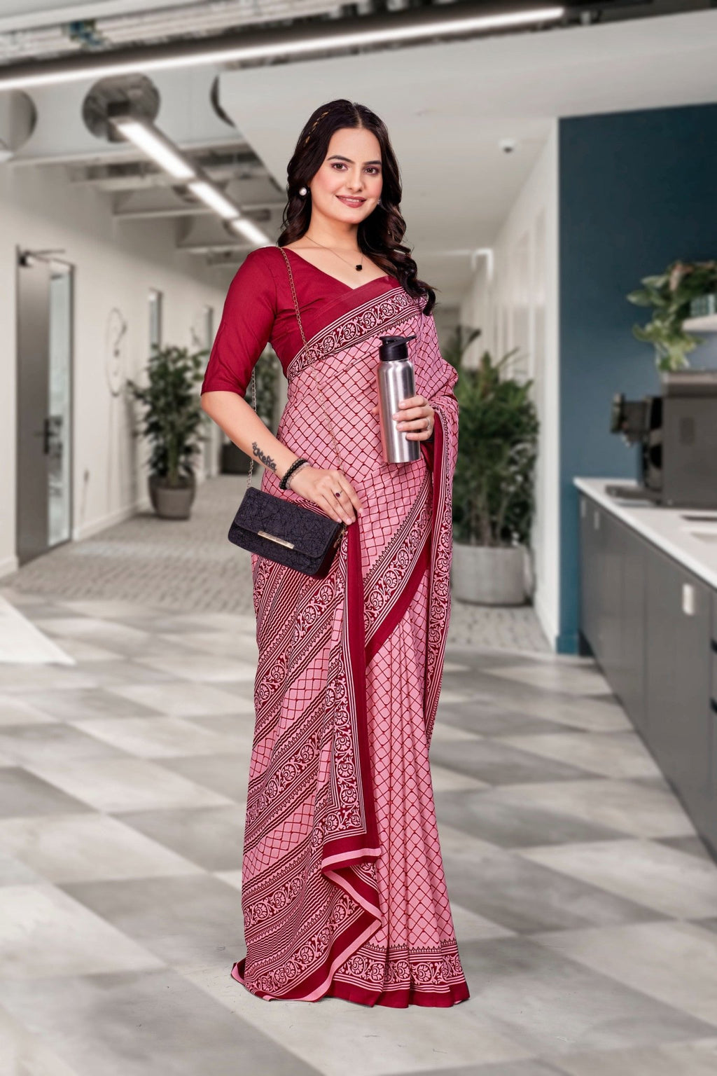 Pink Georgette Workplace Uniform Saree - FeministaGeorgette