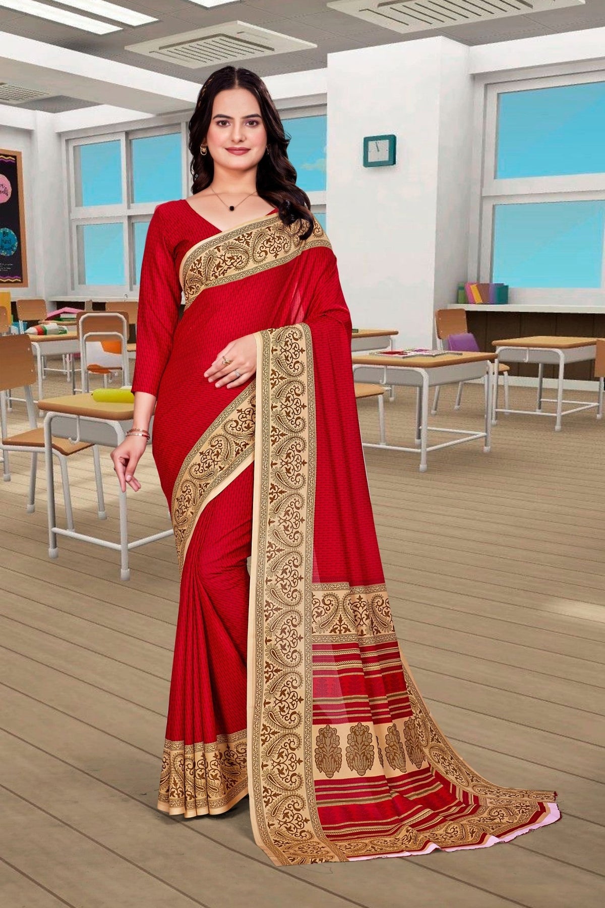 Red Georgette Corporate Uniform Saree - FeministaGeorgette