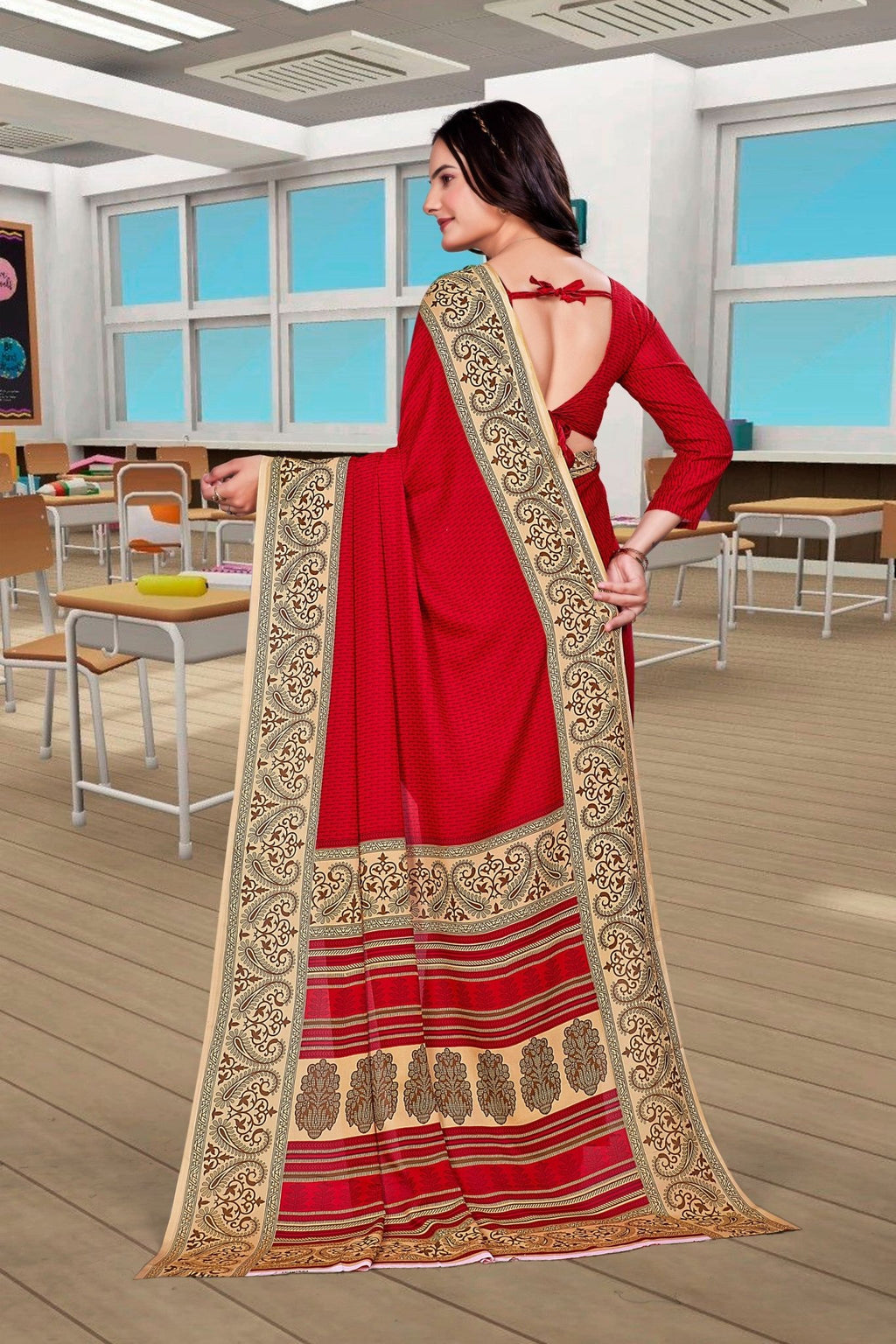 Red Georgette Corporate Uniform Saree - FeministaGeorgette