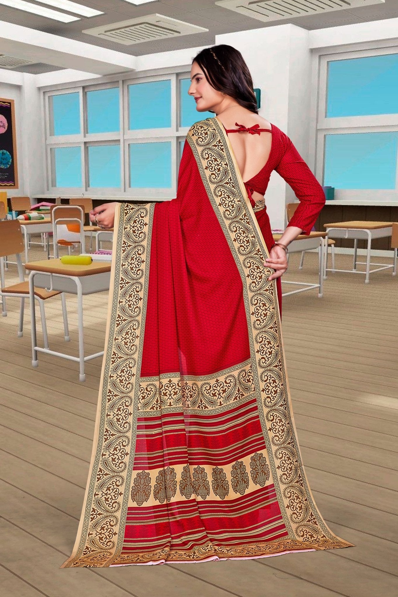 Red Georgette Corporate Uniform Saree - FeministaGeorgette