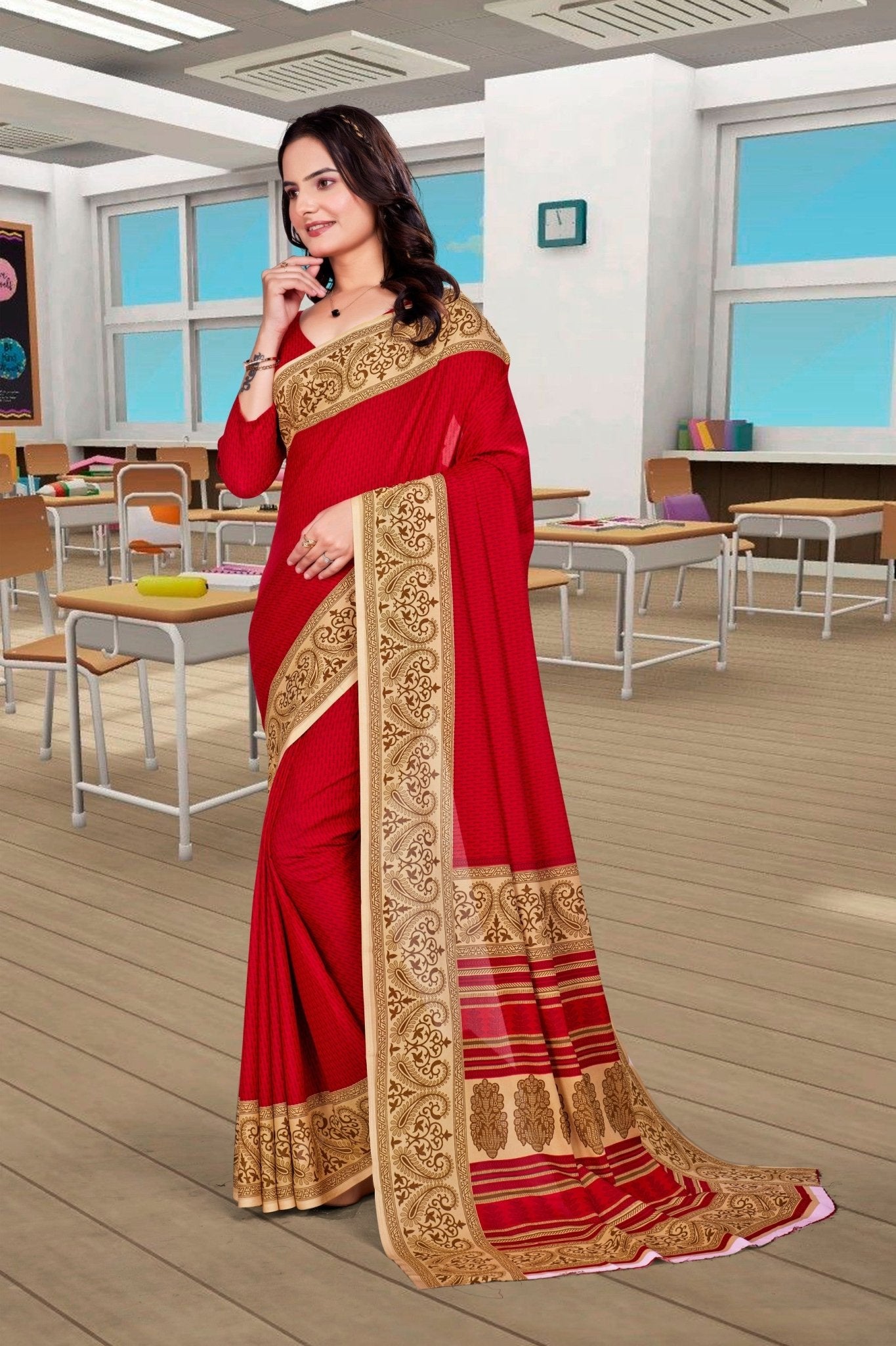 Red Georgette Corporate Uniform Saree - FeministaGeorgette