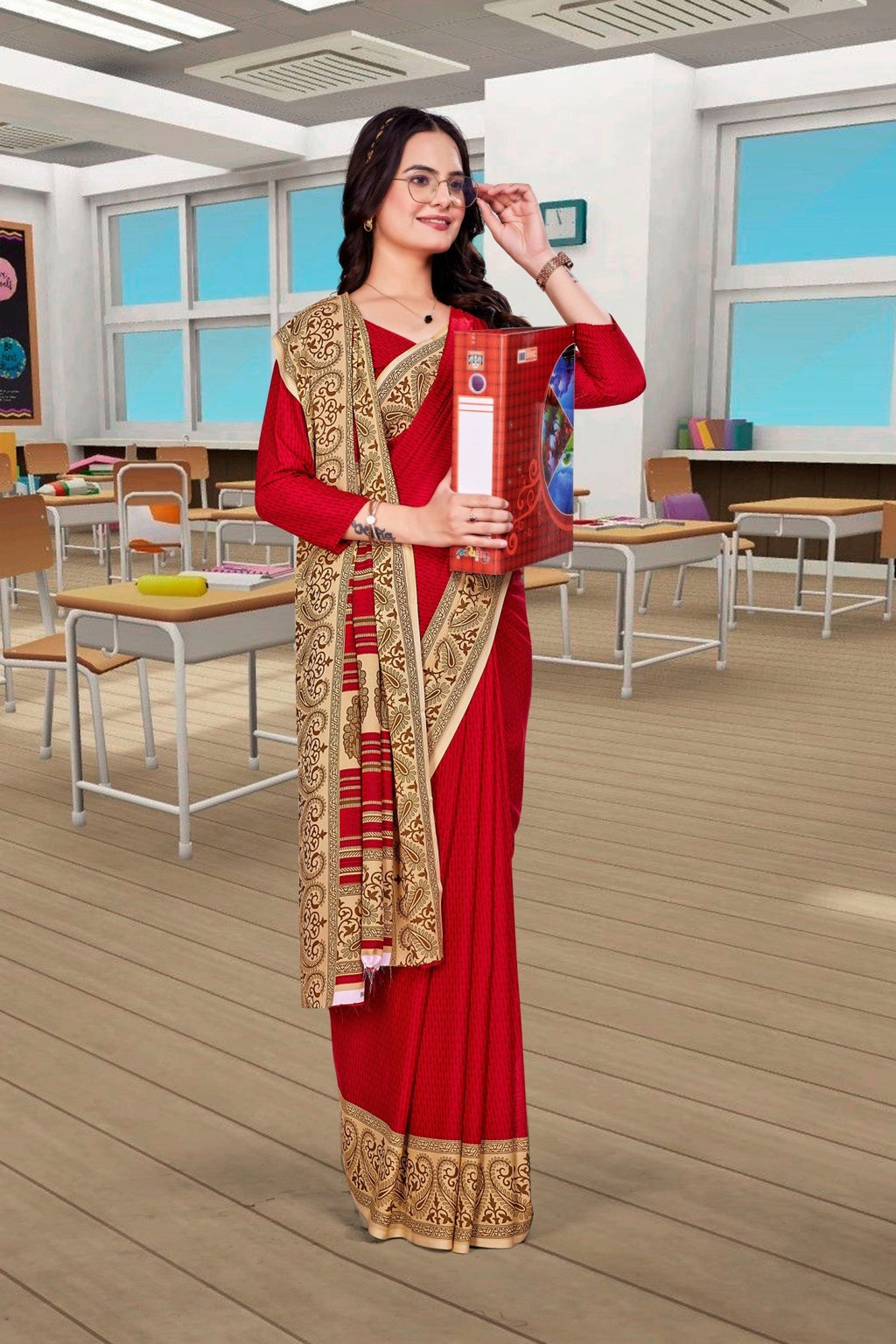 Red Georgette Corporate Uniform Saree - FeministaGeorgette