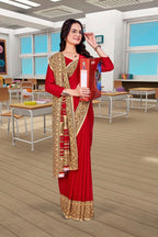 Red Georgette Corporate Uniform Saree - FeministaGeorgette
