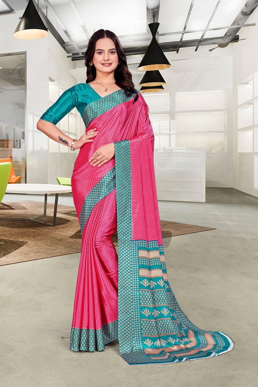 Pink Crepe Professional Teacher Saree - FeministaCrepe