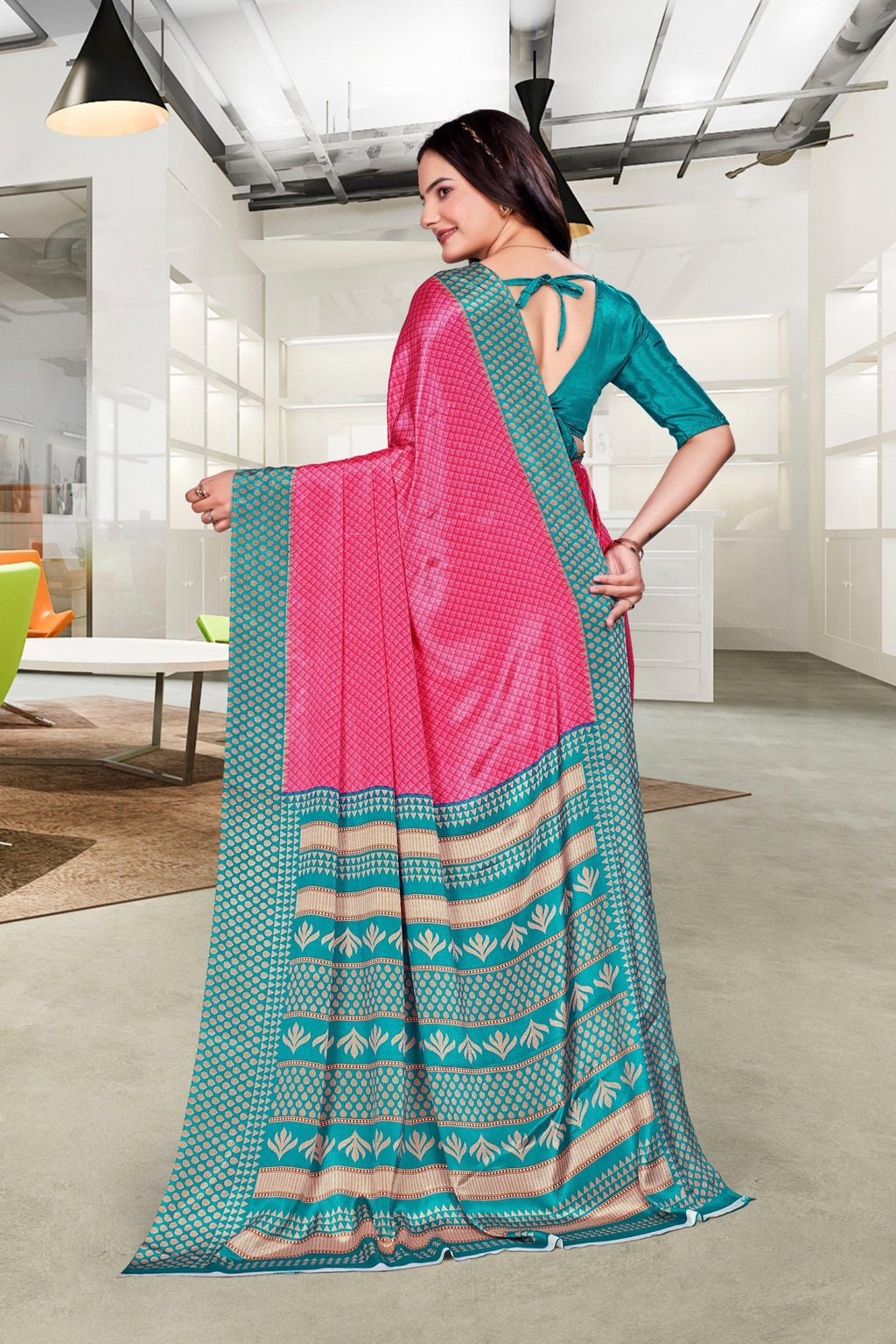 Pink Crepe Professional Teacher Saree - FeministaCrepe