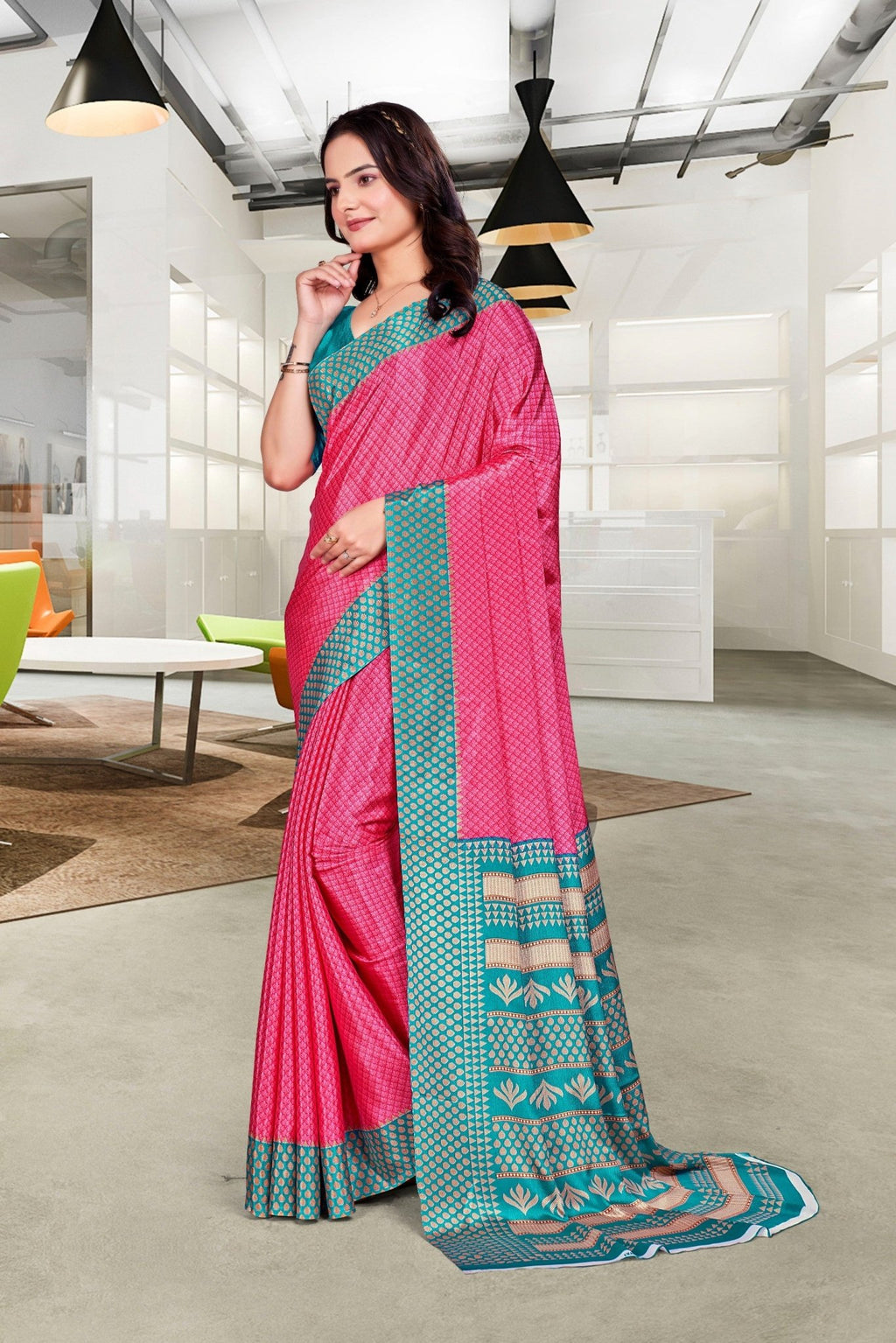 Pink Crepe Professional Teacher Saree - FeministaCrepe