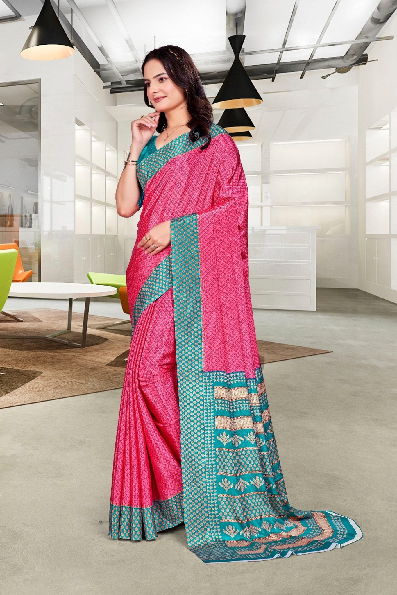 Pink Crepe Professional Teacher Saree - FeministaCrepe