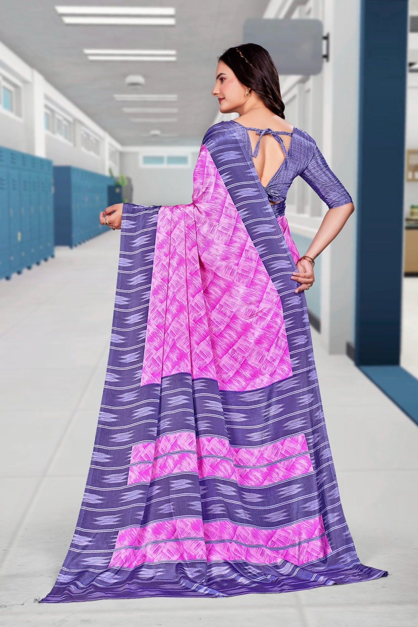 Pink Crepe Professional Teacher Saree - FeministaCrepe