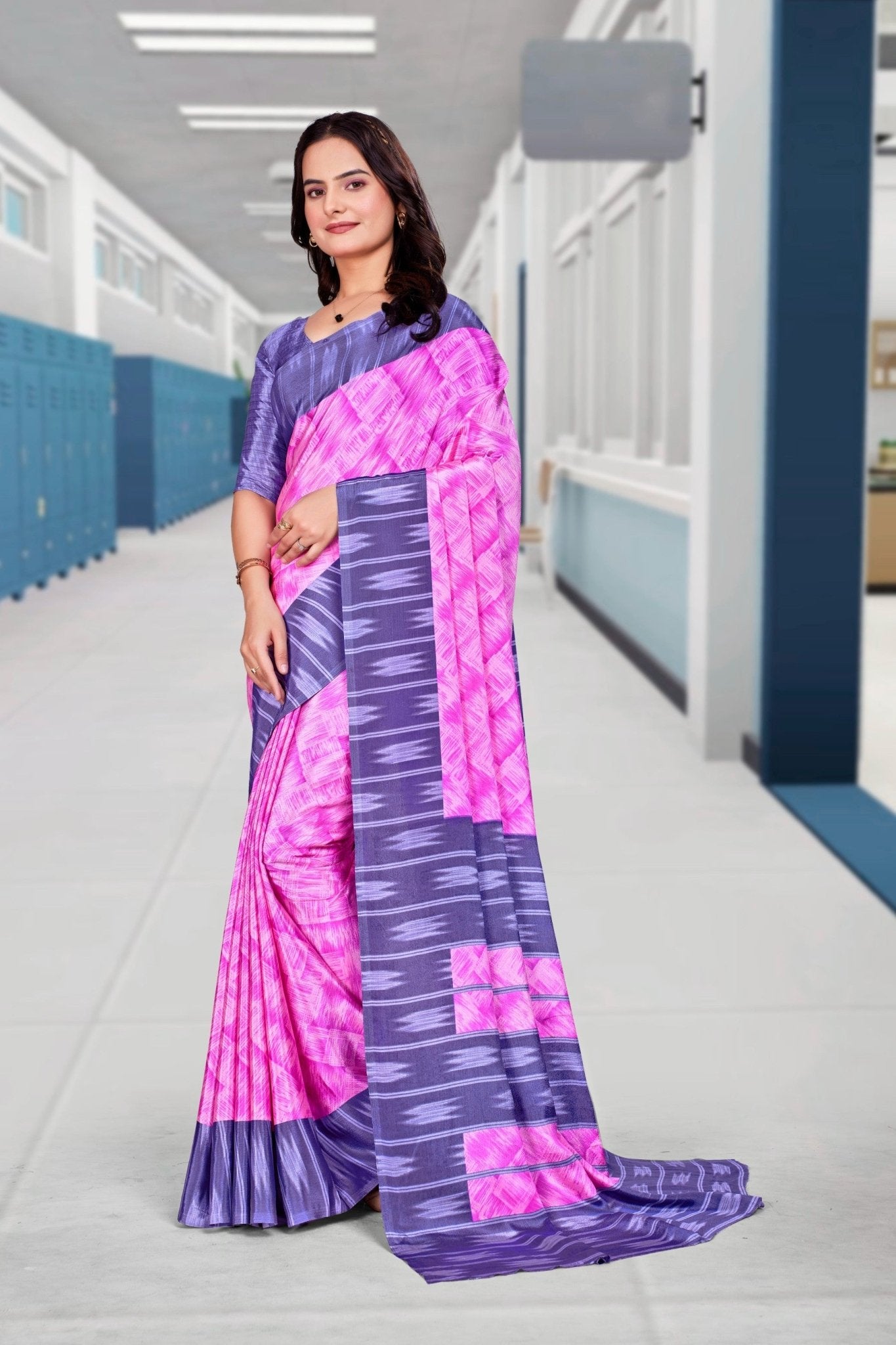 Pink Crepe Professional Teacher Saree - FeministaCrepe