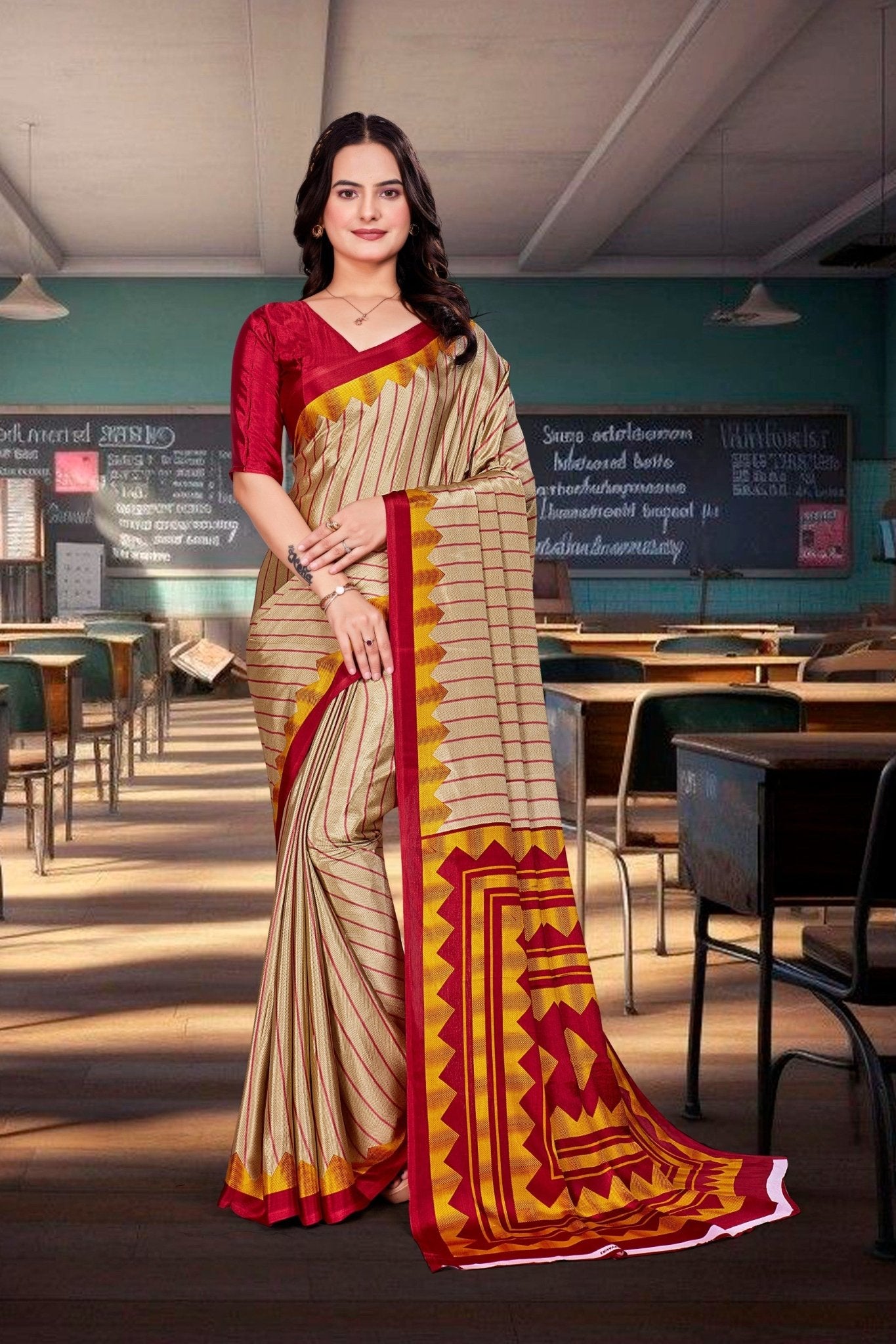 Mustard Crepe Workplace Uniform Saree - FeministaCrepe