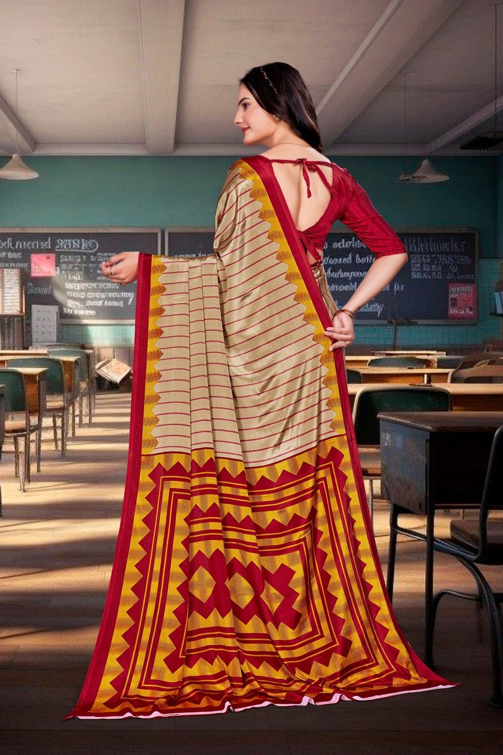 Mustard Crepe Workplace Uniform Saree - FeministaCrepe