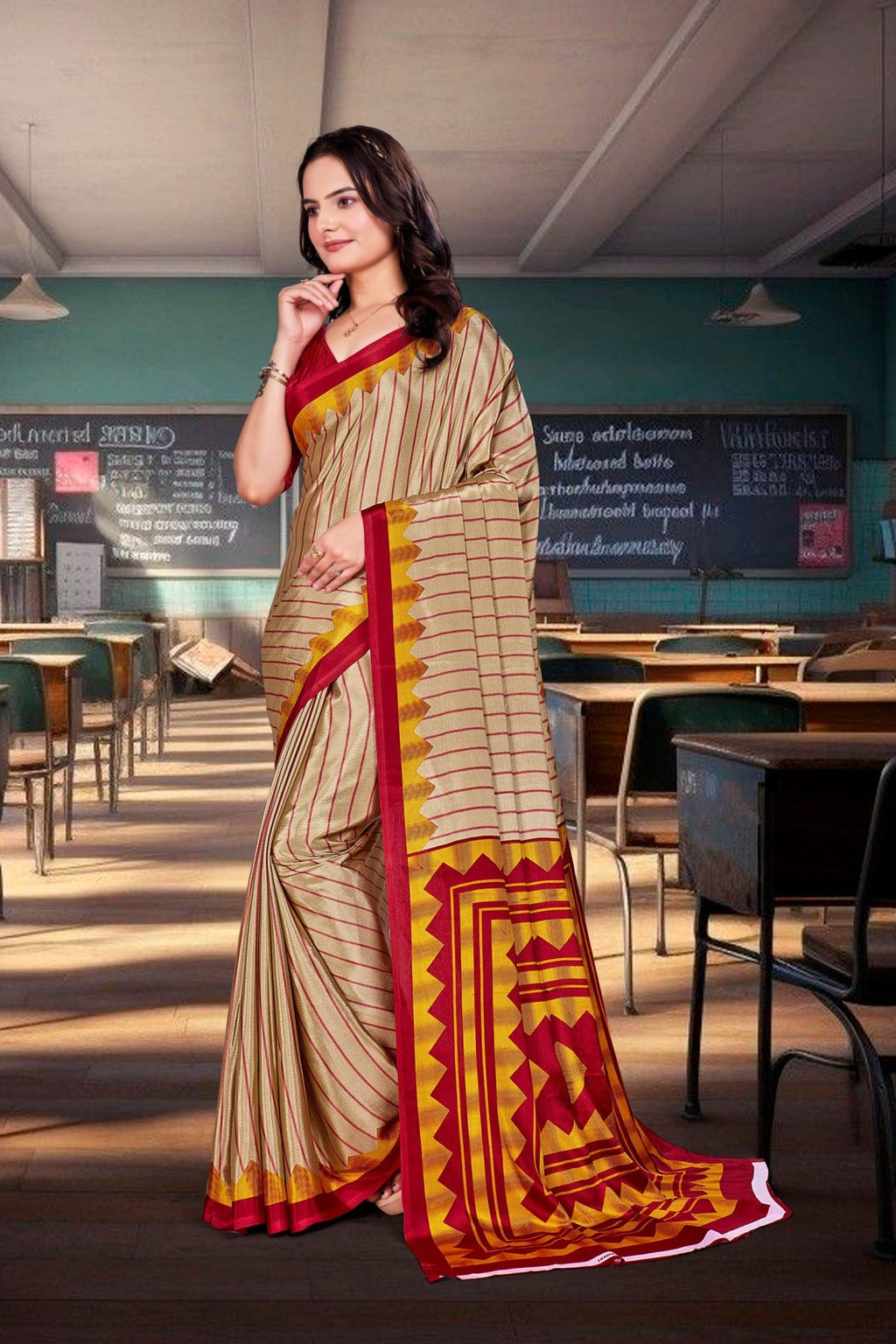 Mustard Crepe Workplace Uniform Saree - FeministaCrepe