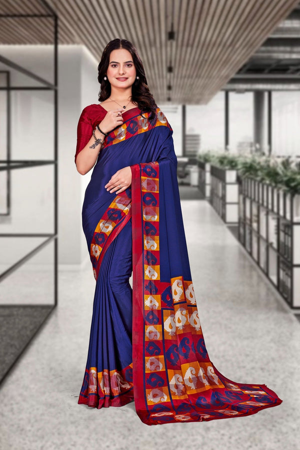 Dark Blue Crepe Workplace Uniform Saree - FeministaCrepe