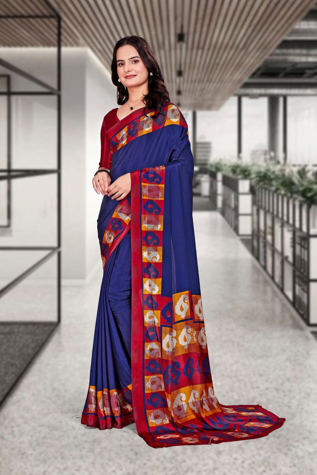 Dark Blue Crepe Workplace Uniform Saree - FeministaCrepe