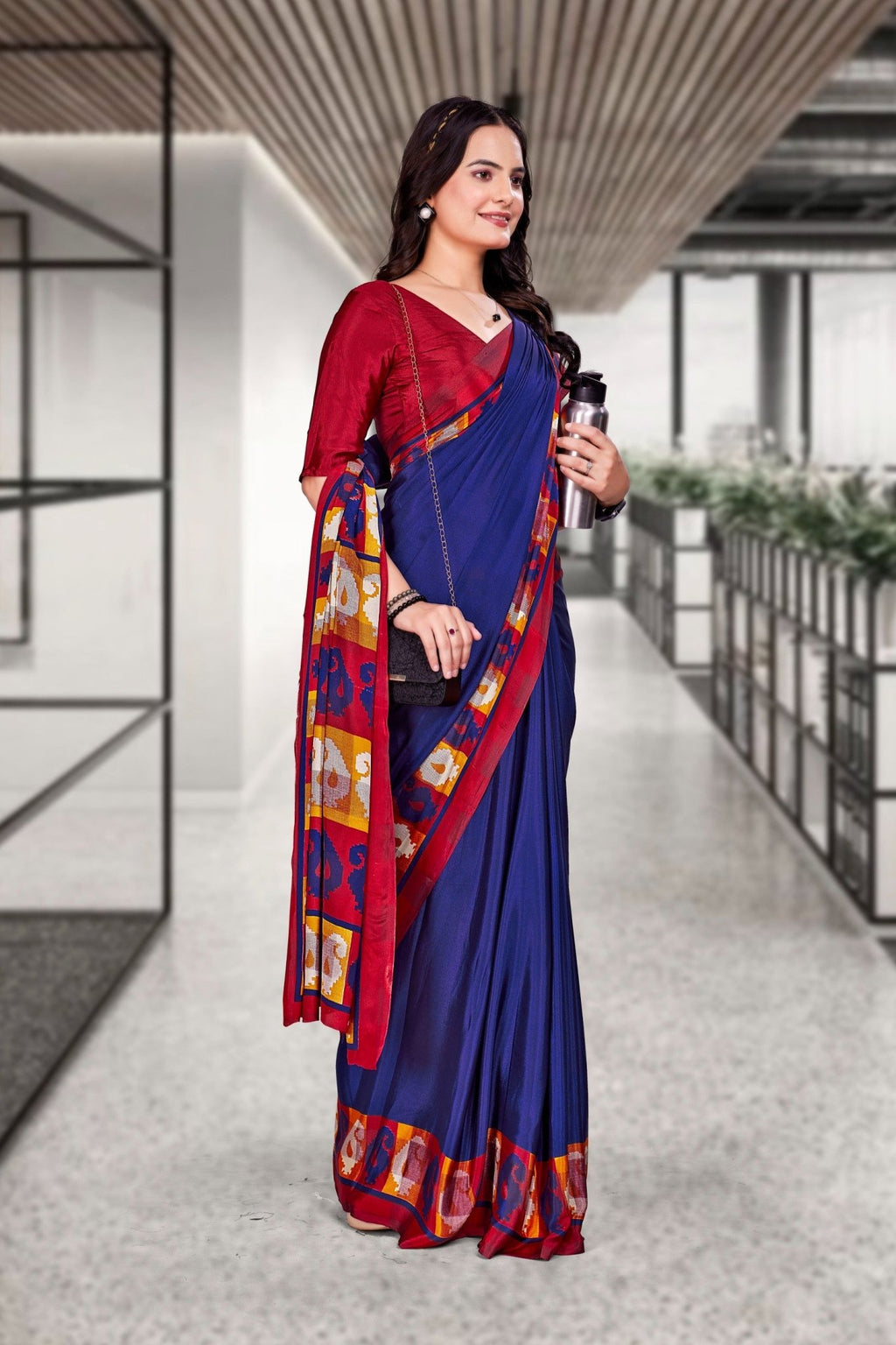 Dark Blue Crepe Workplace Uniform Saree - FeministaCrepe