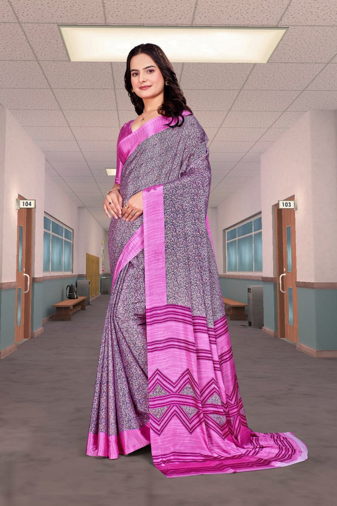Pink Crepe School Uniform Saree for Teachers - FeministaCrepe