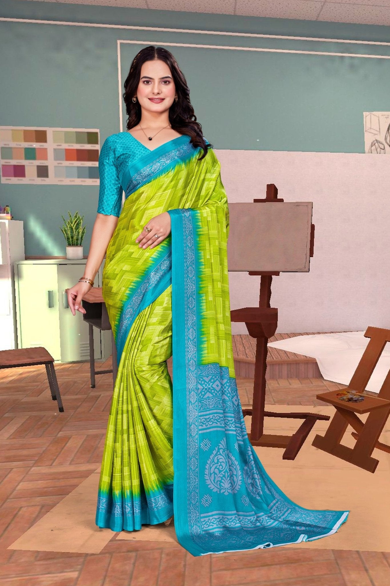 Light Green Crepe Teacher Edition Uniform Saree - FeministaCrepe