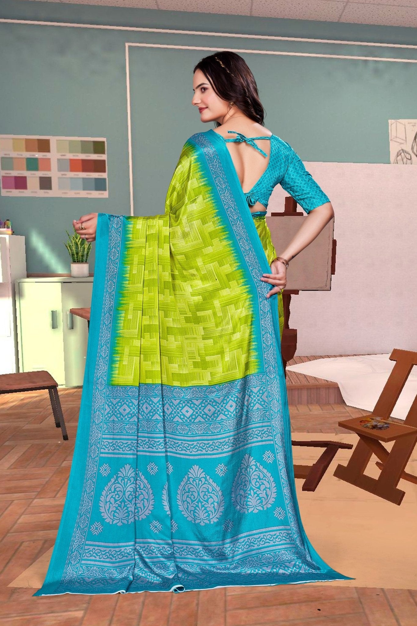 Light Green Crepe Teacher Edition Uniform Saree - FeministaCrepe