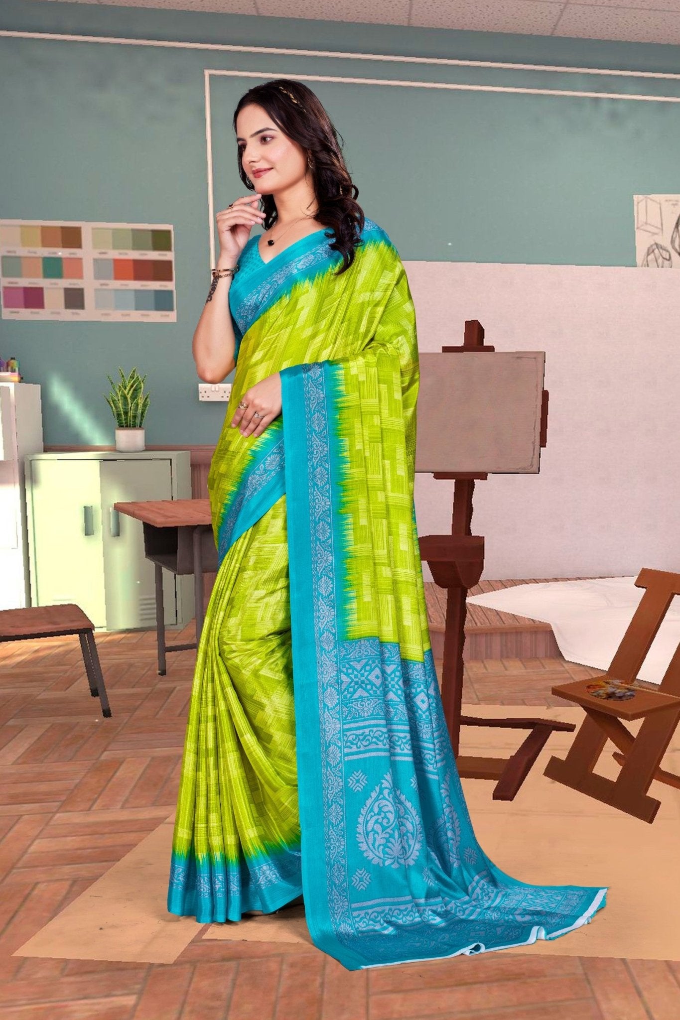 Light Green Crepe Teacher Edition Uniform Saree - FeministaCrepe
