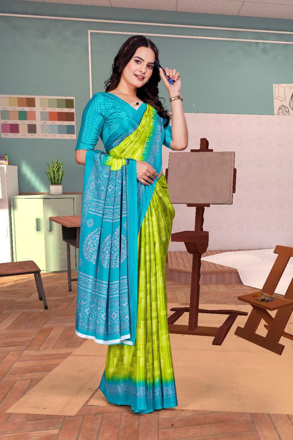 Light Green Crepe Teacher Edition Uniform Saree - FeministaCrepe