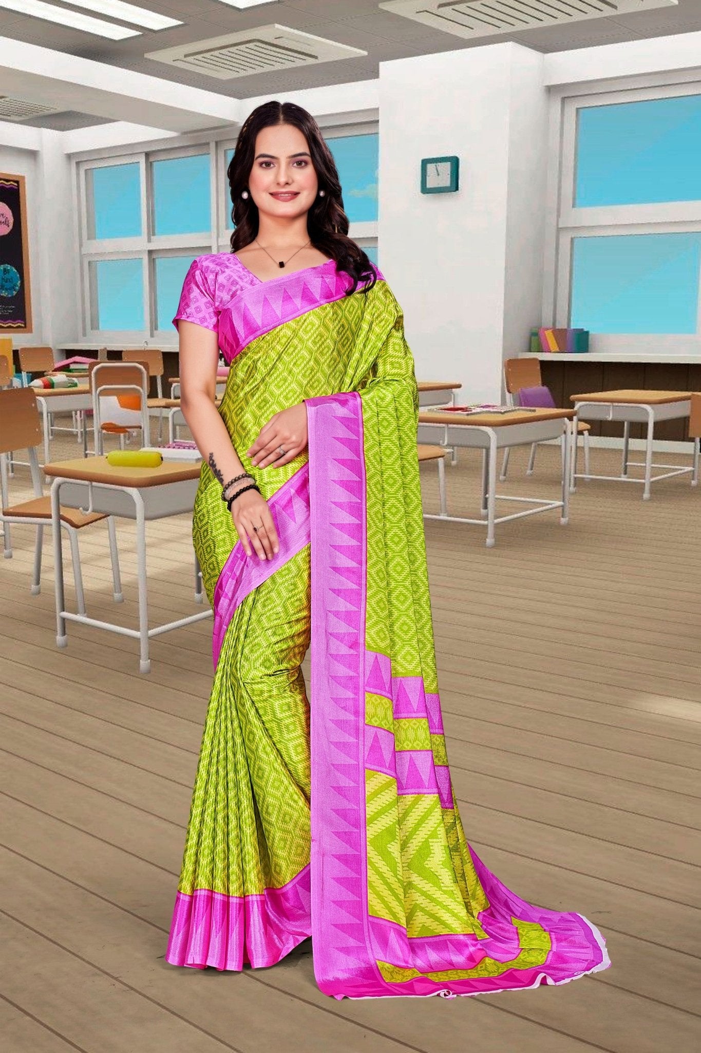 Light Green Crepe School Uniform Saree for Teachers - FeministaCrepe
