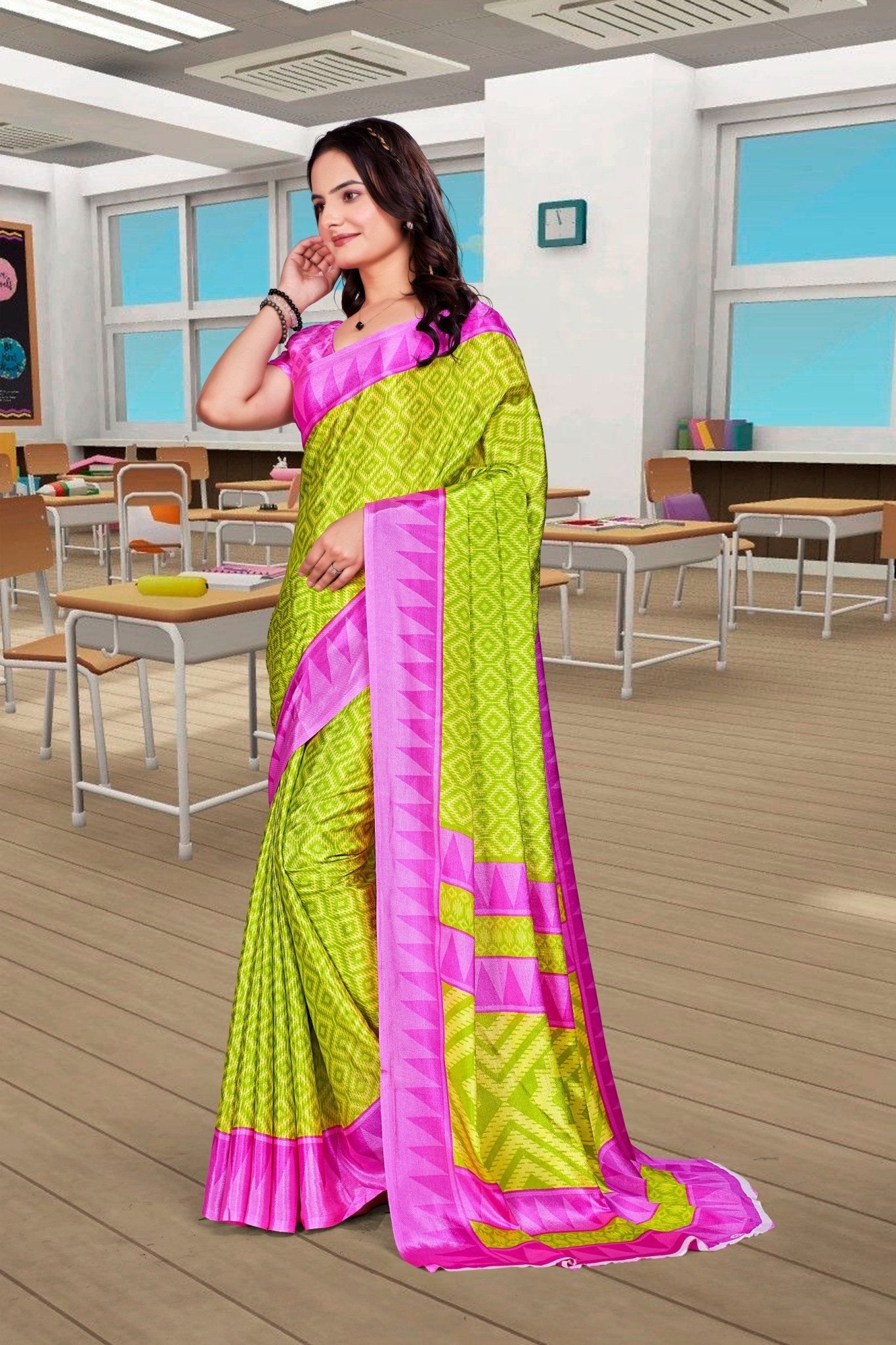 Light Green Crepe School Uniform Saree for Teachers - FeministaCrepe