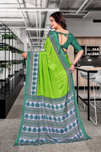 Light Green Crepe School Uniform Saree for Teachers - FeministaCrepe