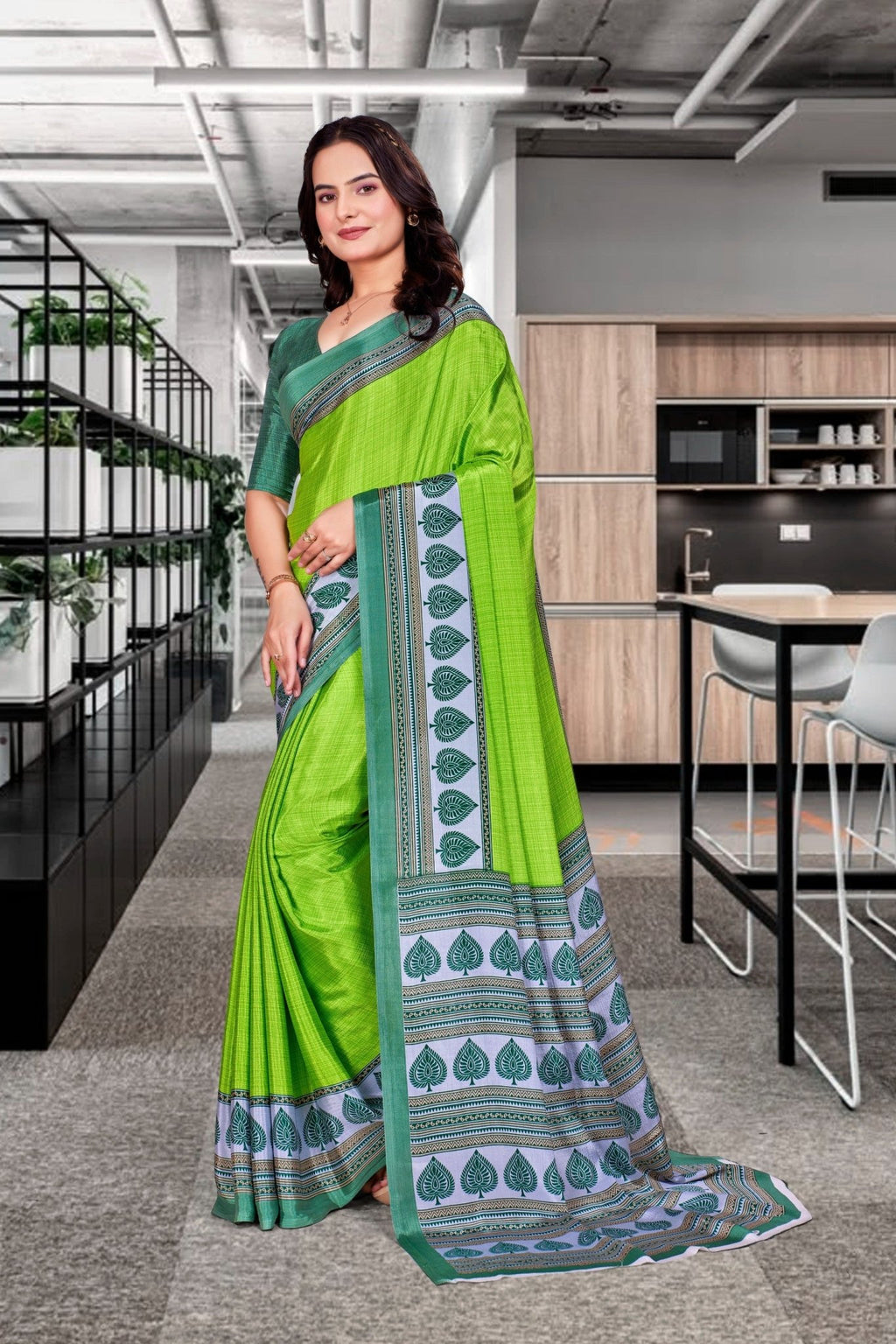 Light Green Crepe School Uniform Saree for Teachers - FeministaCrepe