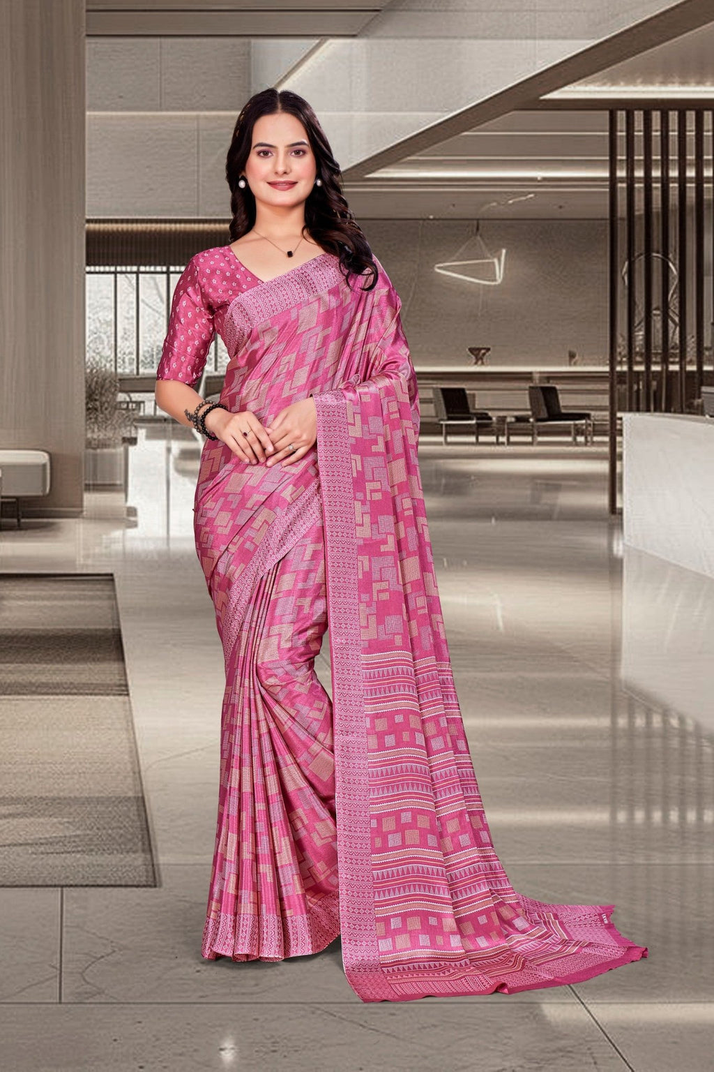 Pink Crepe Reception Staff Uniform Saree - FeministaCrepe
