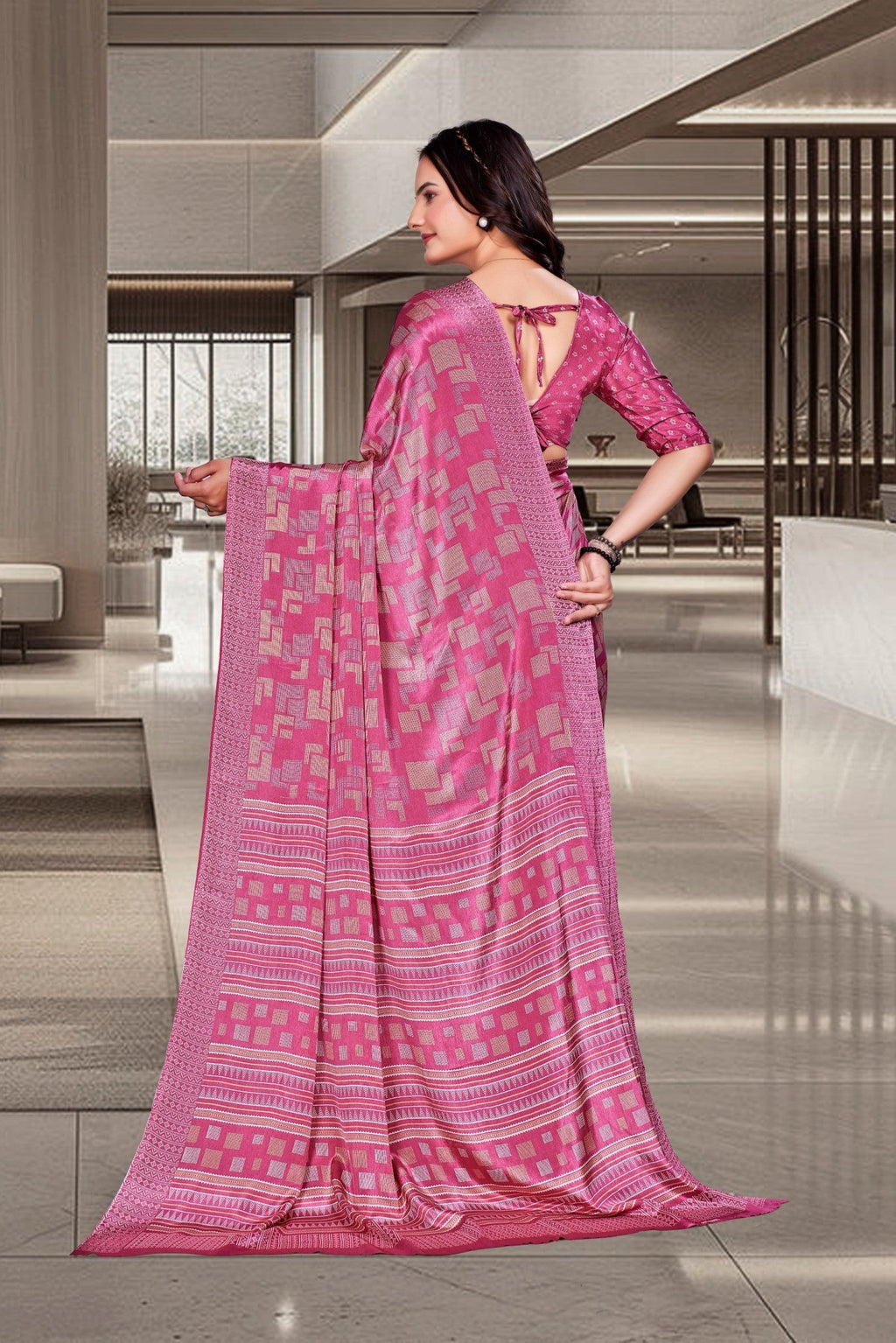 Pink Crepe Reception Staff Uniform Saree - FeministaCrepe