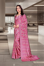 Pink Crepe Reception Staff Uniform Saree - FeministaCrepe