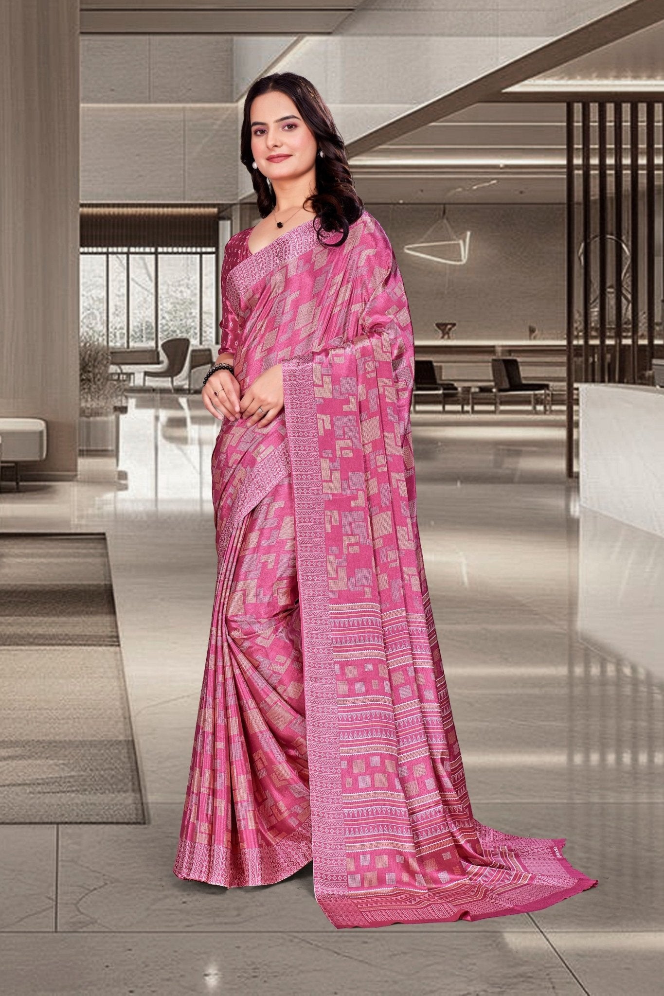 Pink Crepe Reception Staff Uniform Saree - FeministaCrepe