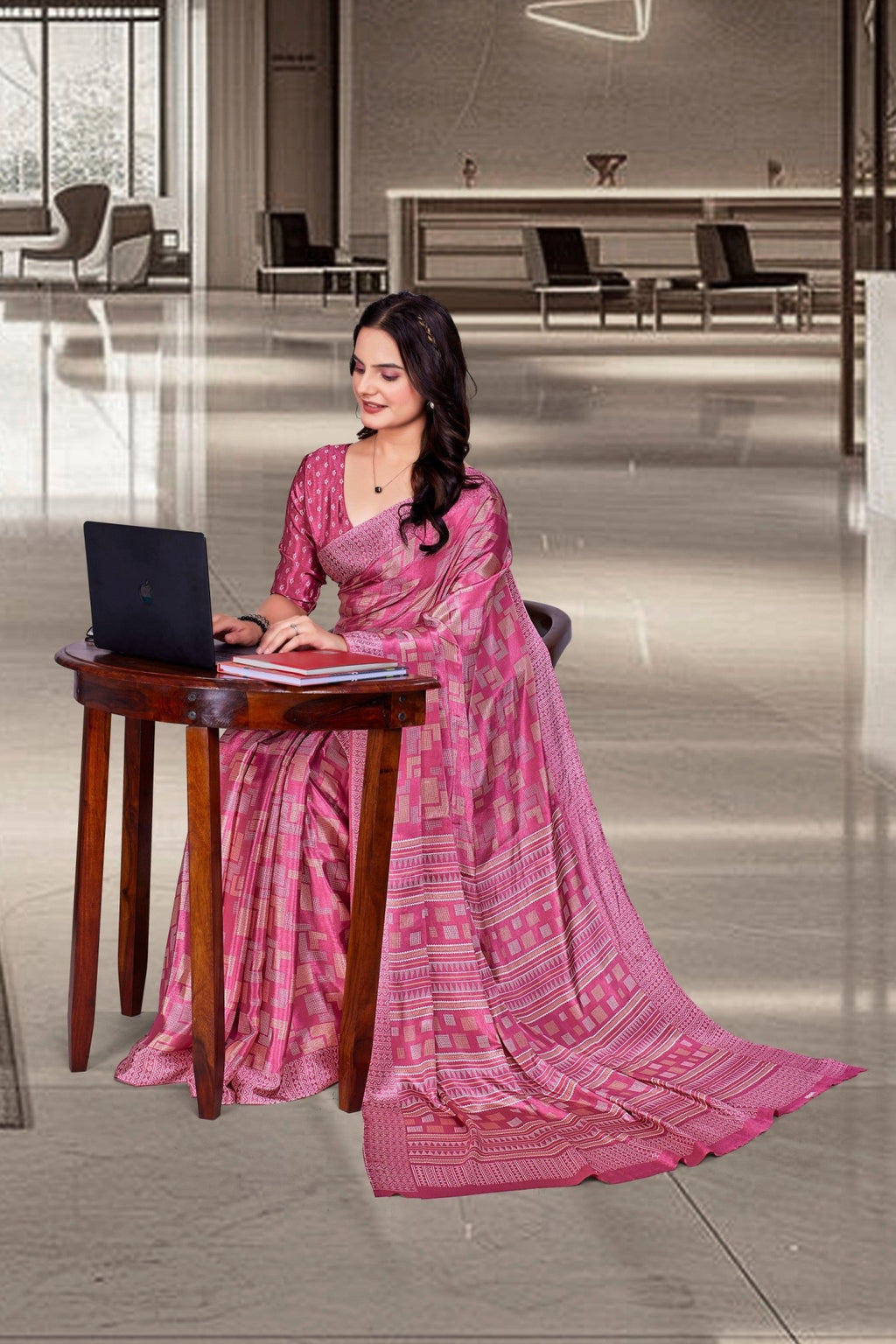 Pink Crepe Reception Staff Uniform Saree - FeministaCrepe