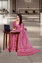 Pink Crepe Reception Staff Uniform Saree - FeministaCrepe