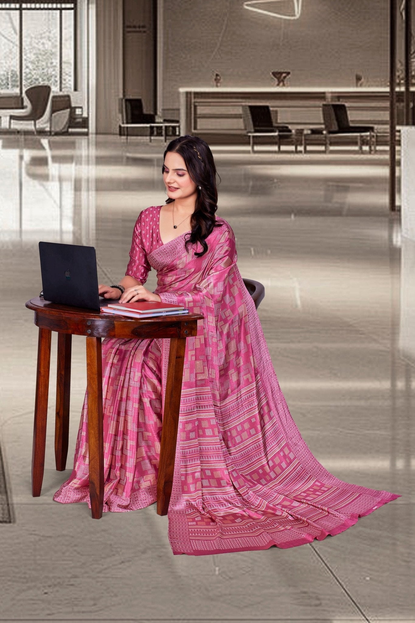 Pink Crepe Reception Staff Uniform Saree - FeministaCrepe