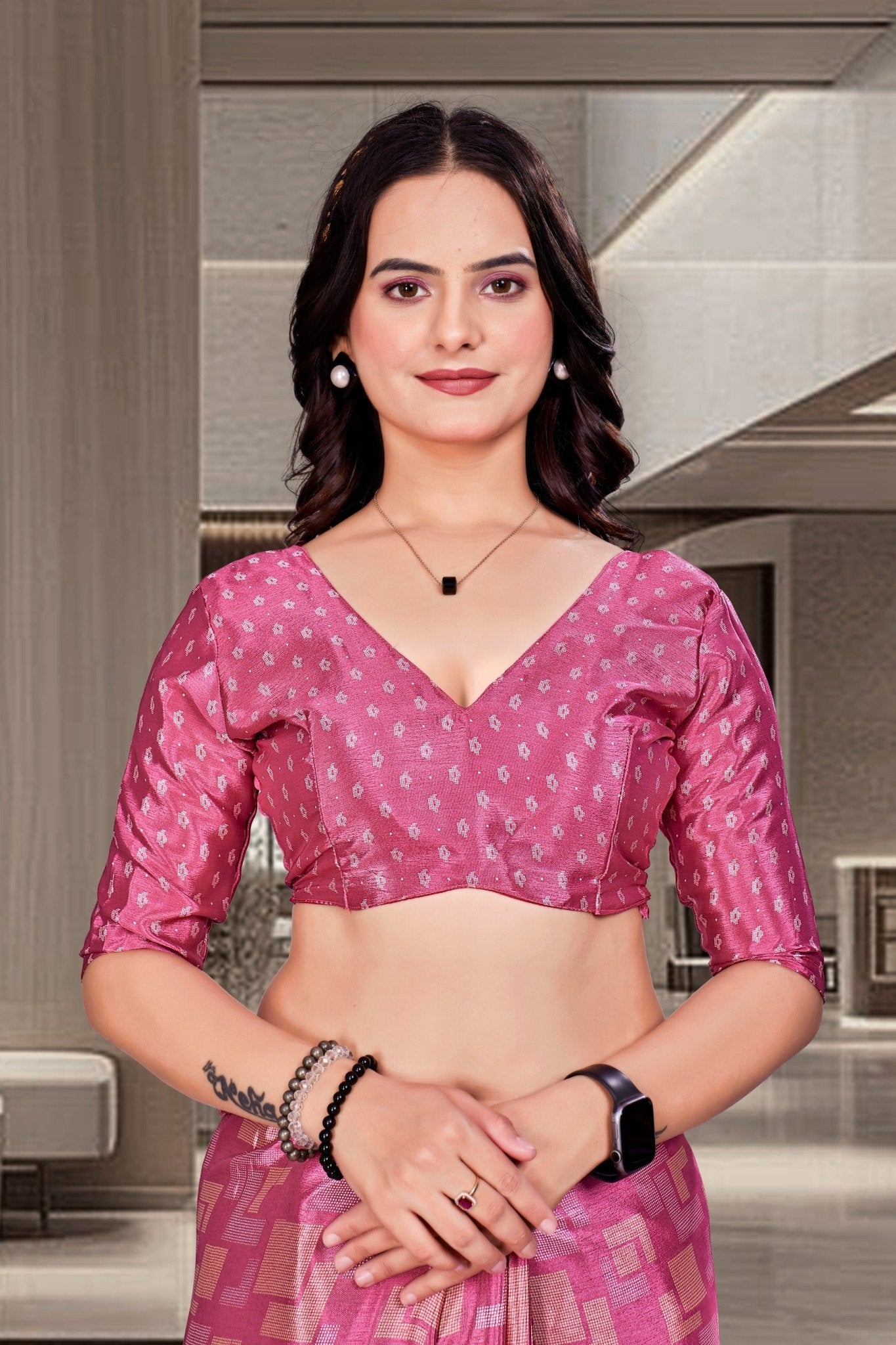 Pink Crepe Reception Staff Uniform Saree - FeministaCrepe