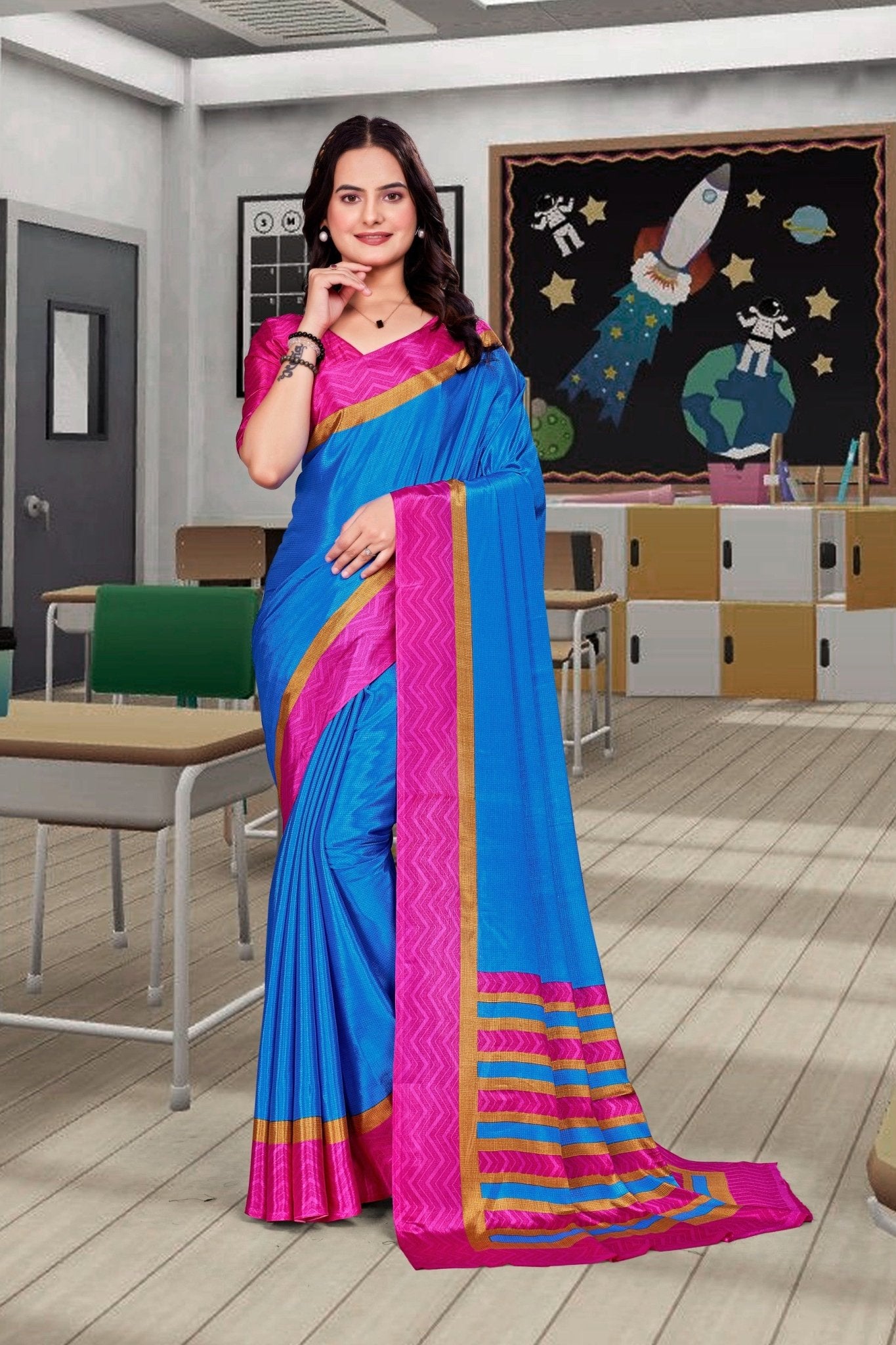 Blue Crepe Business Saree for Professionals - FeministaCrepe
