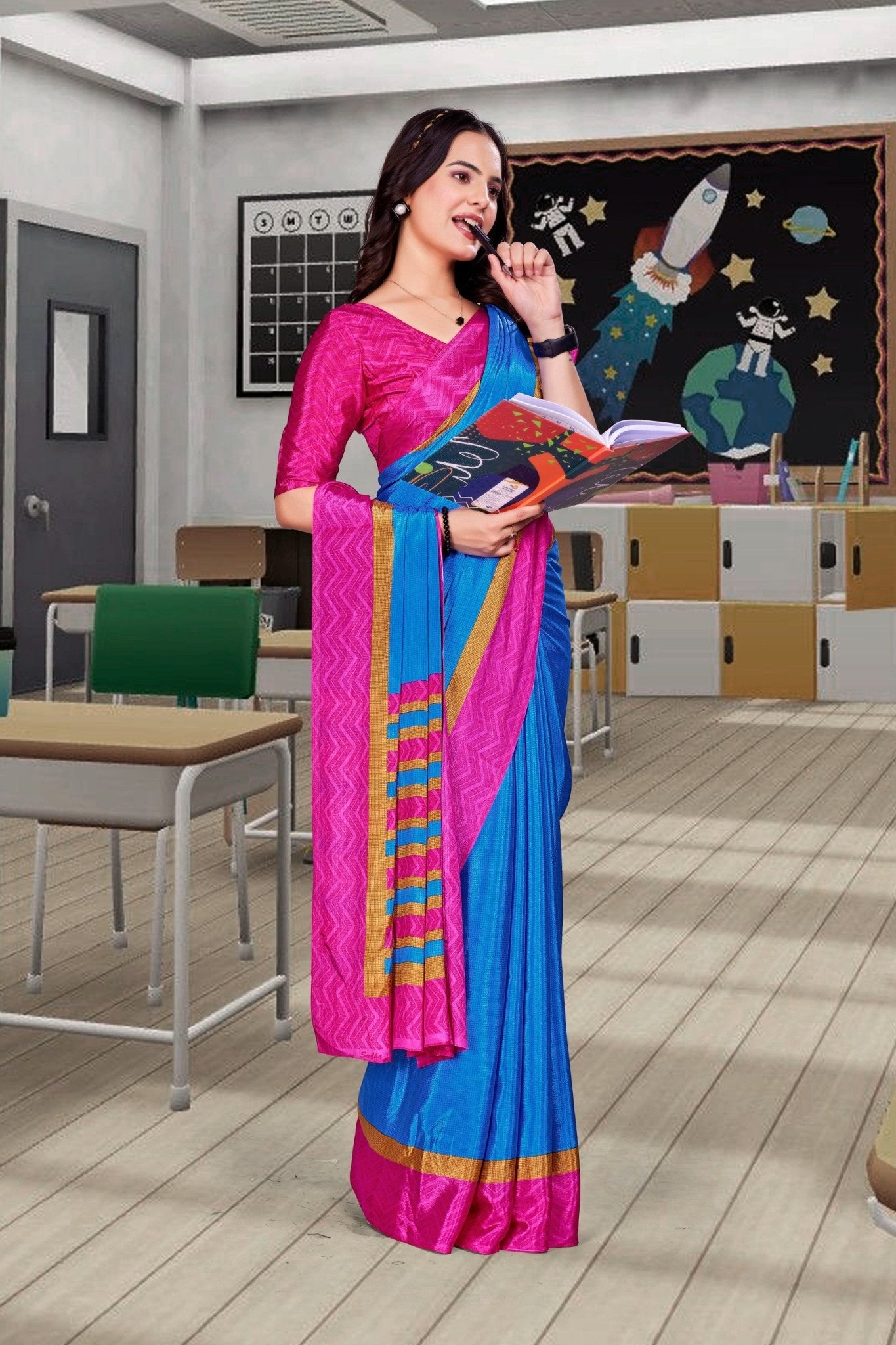 Blue Crepe Business Saree for Professionals - FeministaCrepe