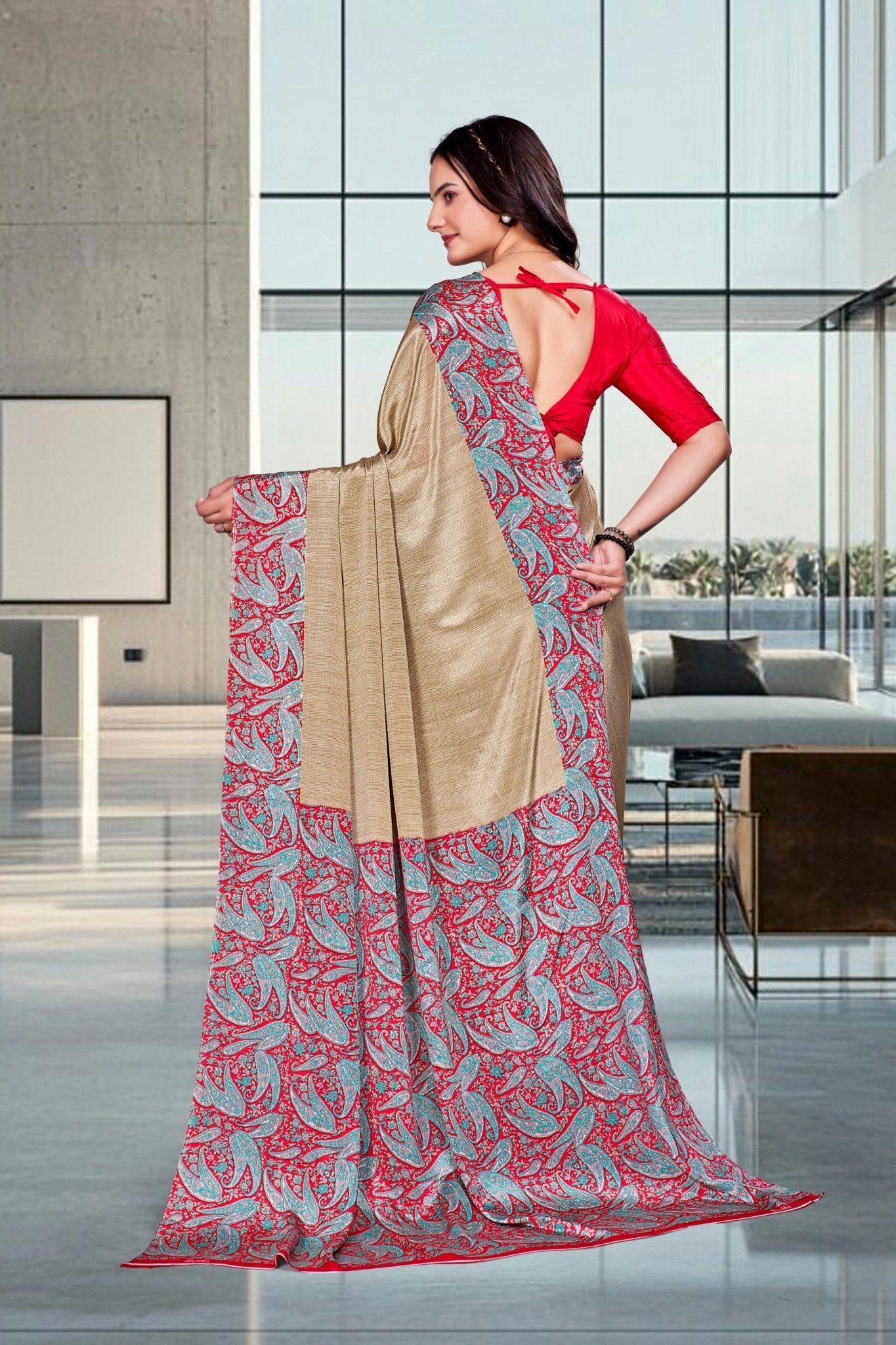 Beige Crepe Professional Teacher Saree - FeministaCrepe