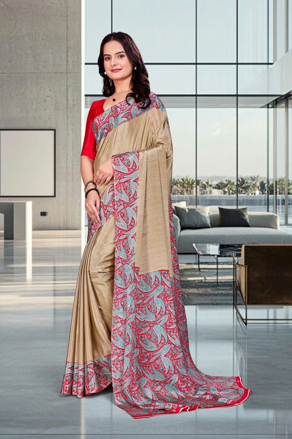 Beige Crepe Professional Teacher Saree - FeministaCrepe