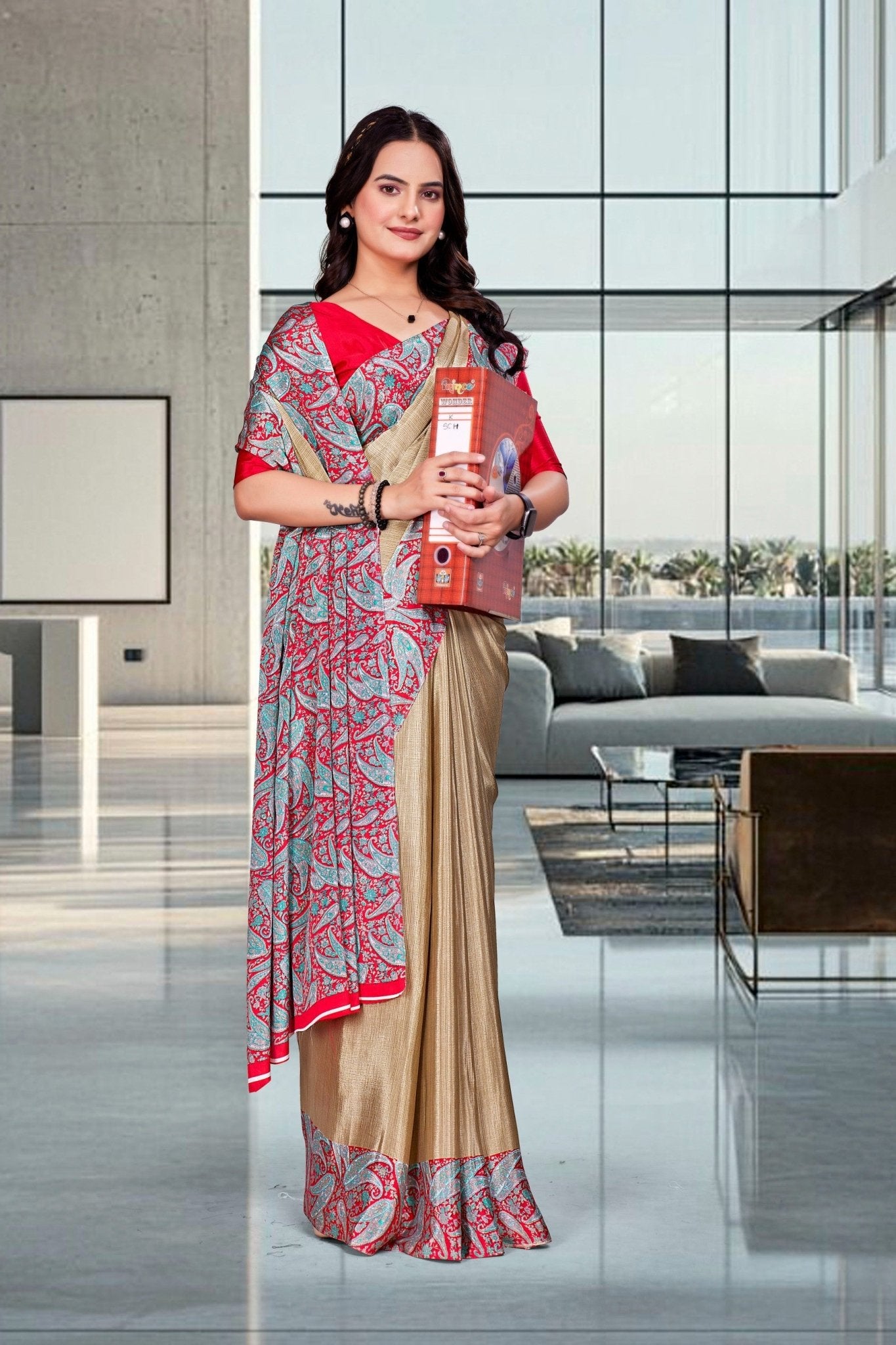 Beige Crepe Professional Teacher Saree - FeministaCrepe