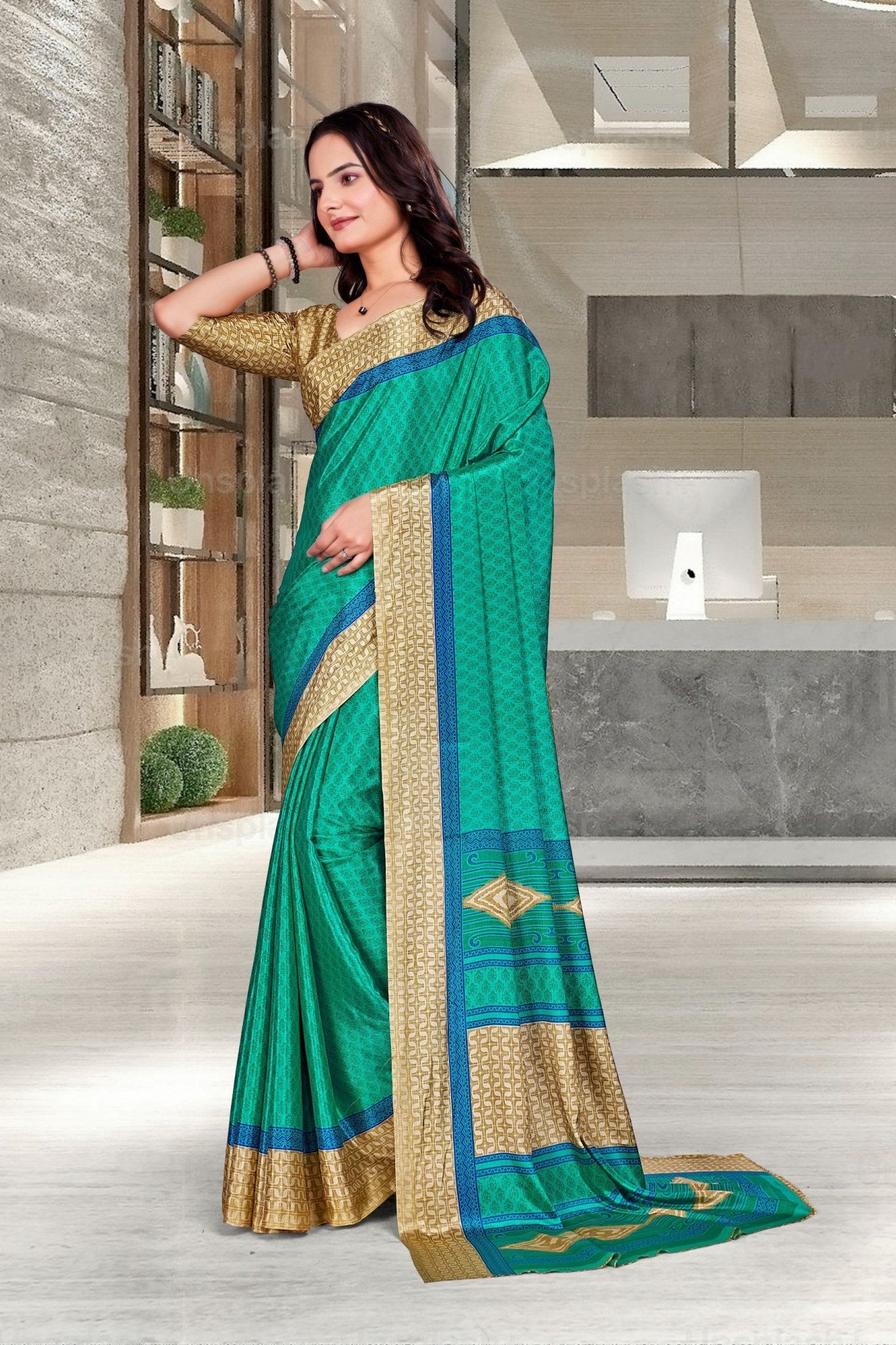 Green Crepe Professional Teacher Saree - FeministaCrepe