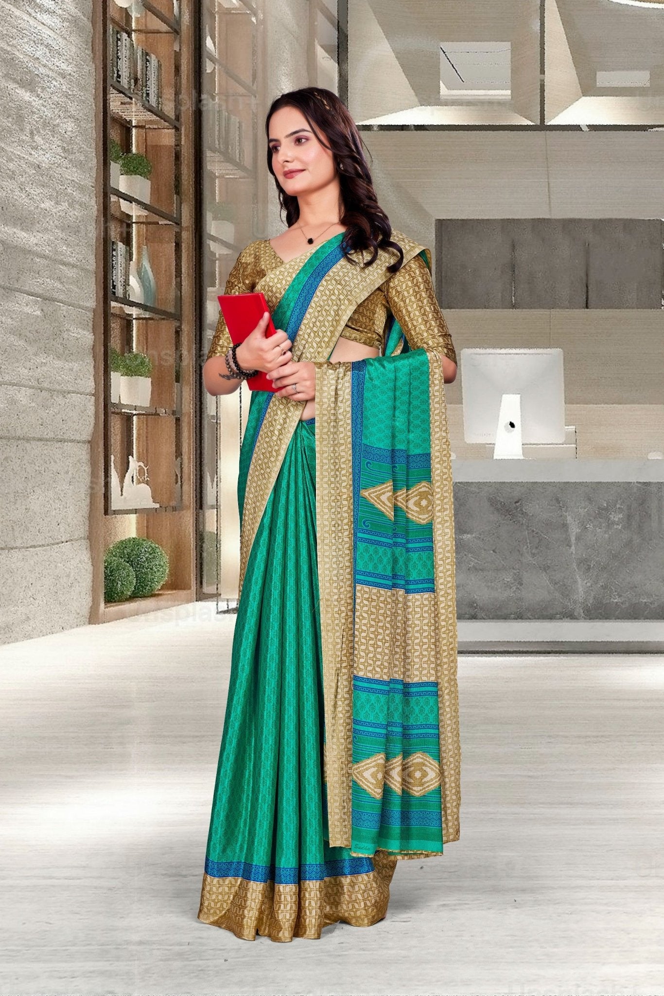 Green Crepe Professional Teacher Saree - FeministaCrepe