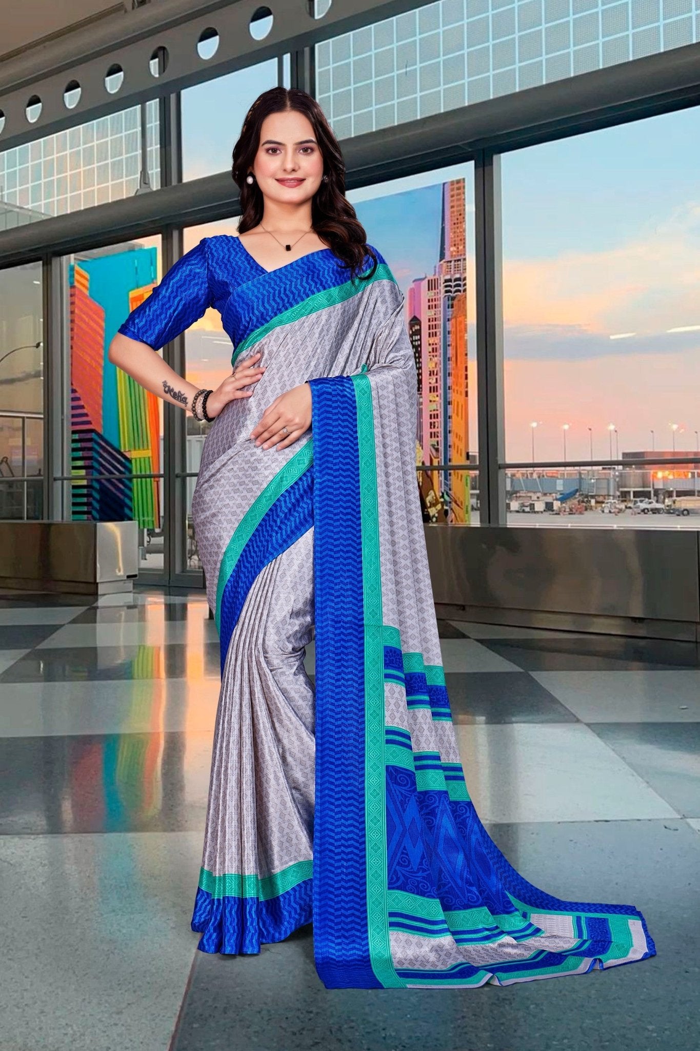 Grey Crepe Professional Office Saree - FeministaCrepe