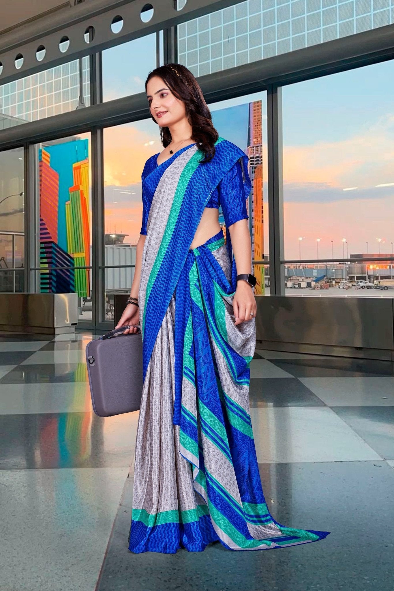 Grey Crepe Professional Office Saree - FeministaCrepe