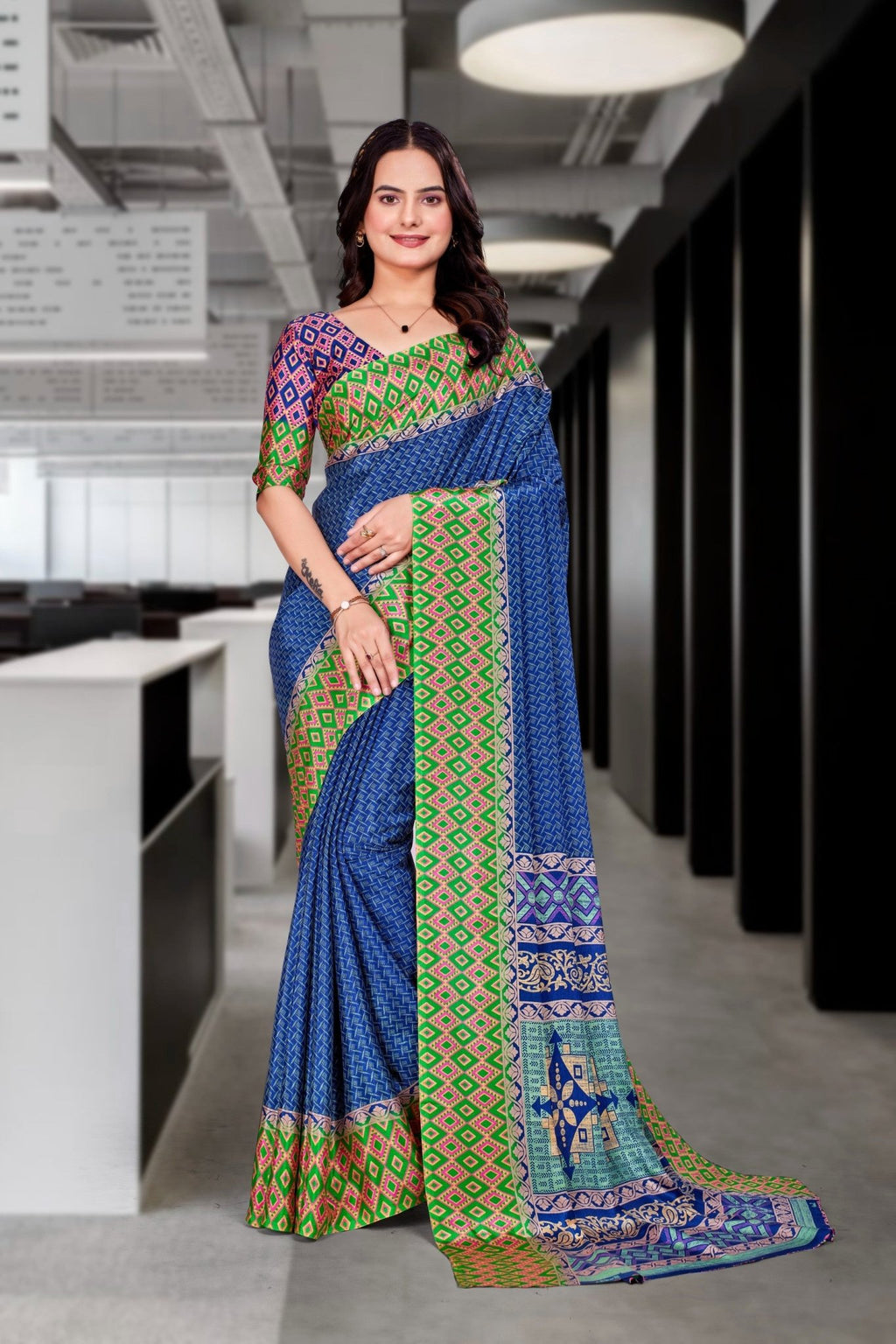 Blue Crepe Workplace Uniform Saree - FeministaCrepe