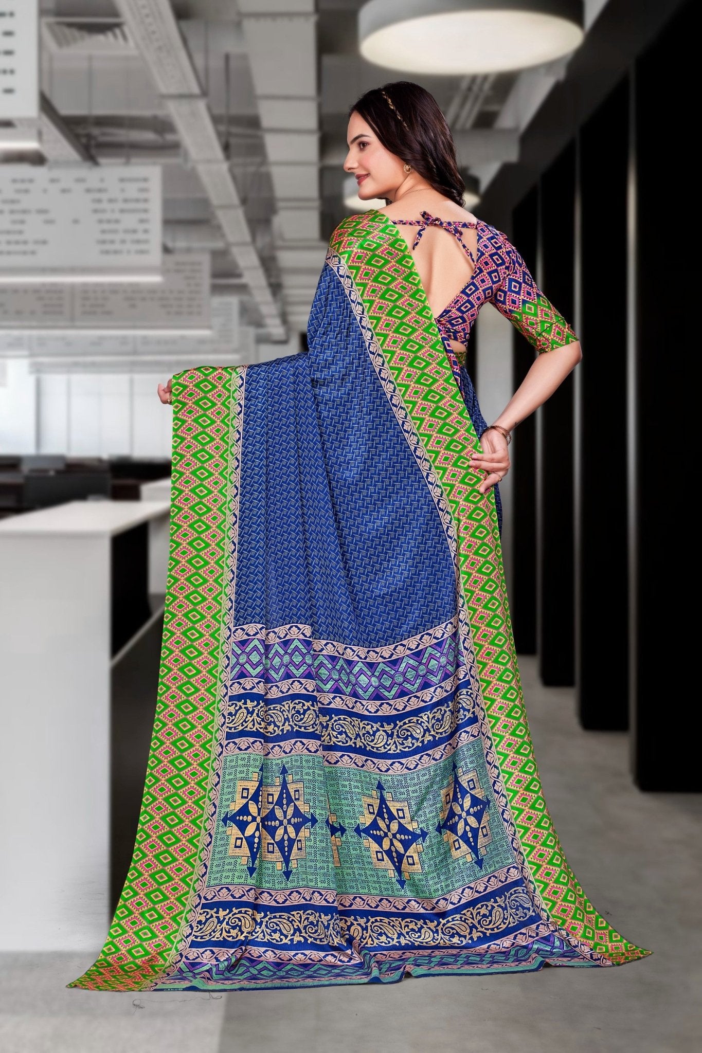 Blue Crepe Workplace Uniform Saree - FeministaCrepe